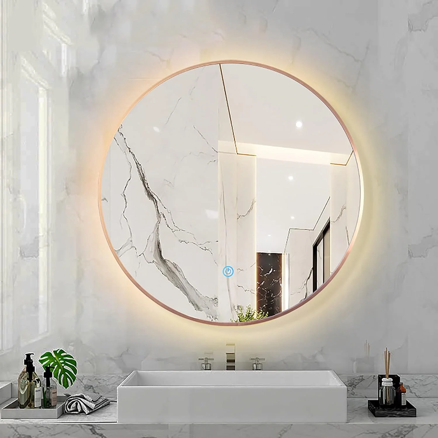 آینه گرد حمام با نور پس زمینه و کنترل لمسی، دارای تنظیم نور سه رنگ، آینه آرایش ال ای دی دیواری با قاب آلیاژ آلومینیوم (رنگ: قاب رزگلد، اندازه: 60X60CM)