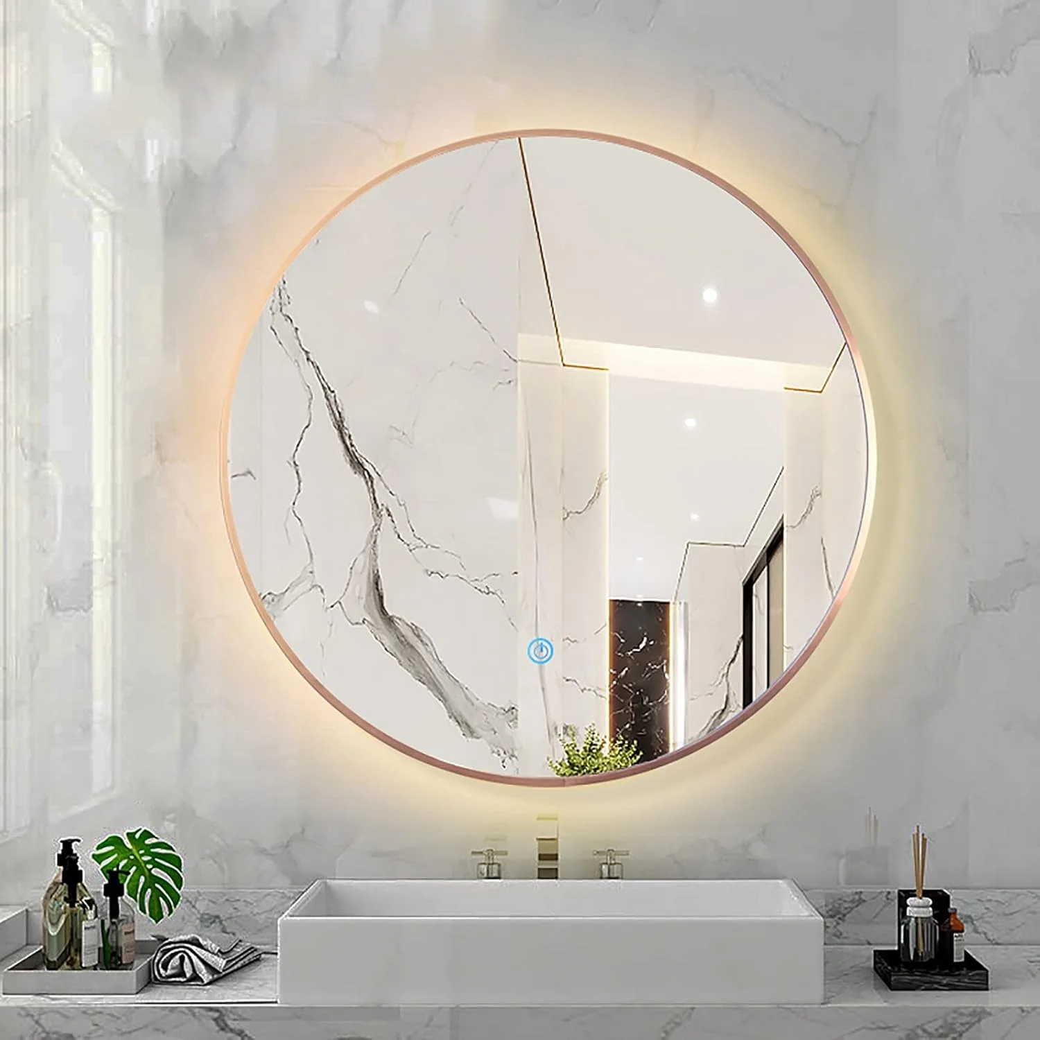 آینه گرد حمام با نور پس زمینه و کنترل لمسی، قابلیت تنظیم نور در سه رنگ، آینه آرایشی LED دیواری با قاب آلیاژ آلومینیوم (رنگ: قاب رزگلد، اندازه: 80X80CM)