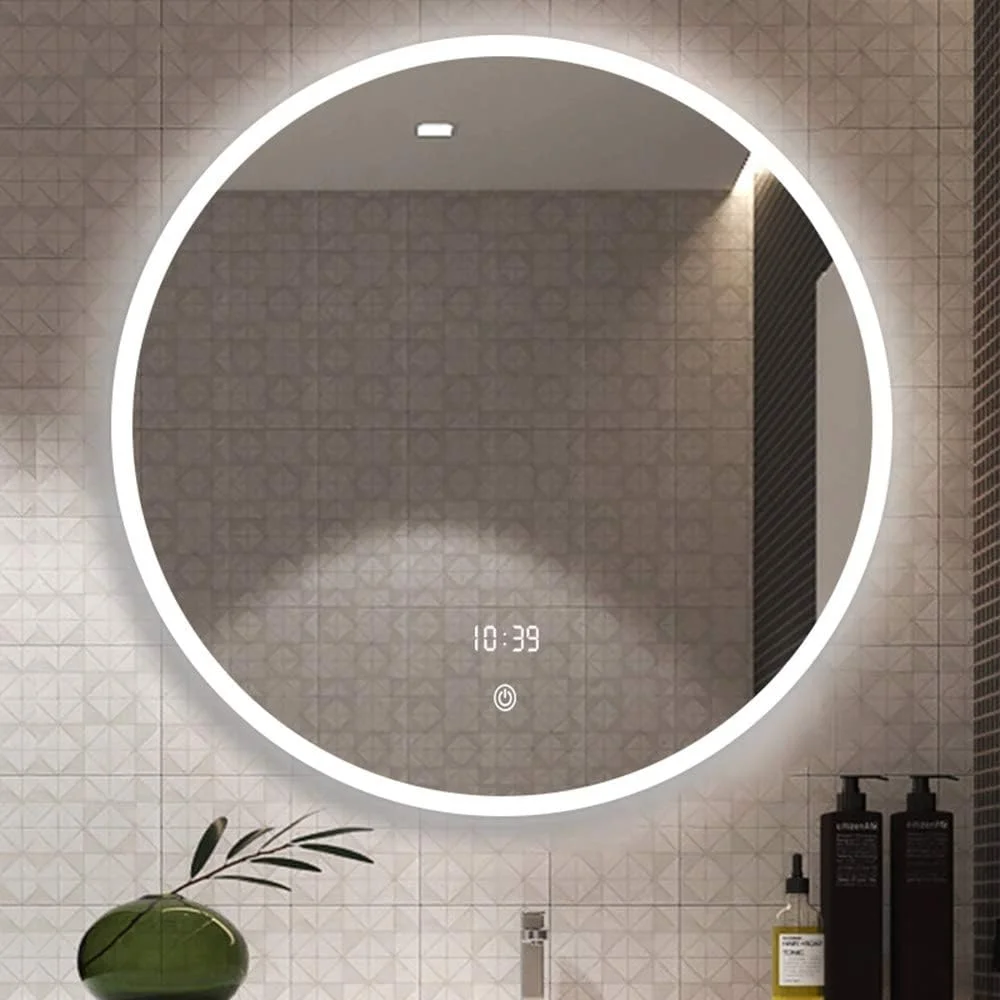 آینه حمام، آینه گرد، آینه حمام LED با نور پس زمینه، آینه نقره ای HD ضد اشعه آبی، دکمه لمسی تغییر رنگ سه گانه، قطر 60، 65، 70، 75، 80 سانتی متر