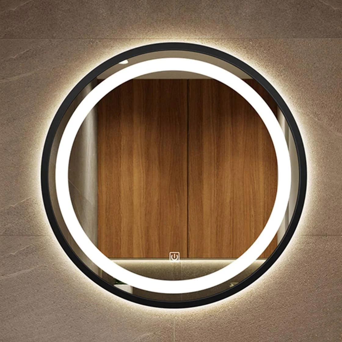 آینه گرد نورپردازی شده مدرن حمام، قاب آلیاژ آلومینیوم، با کنترل لمسی حسگر، ایمن و ضد انفجار، نور سفید مشکی - 70 سانتی متر