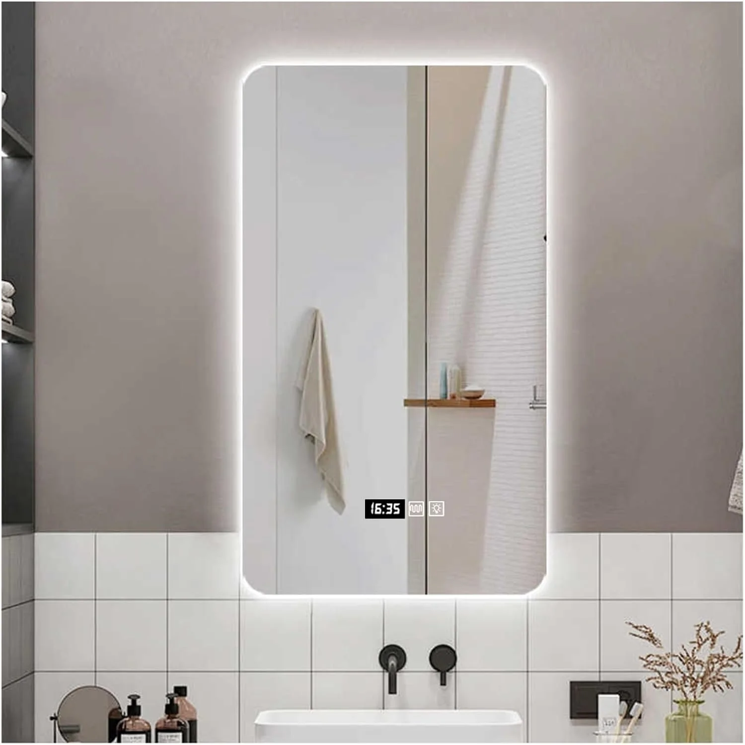آینه حمام با چراغ های ال ای دی، آینه روشویی دیواری نورانی، ضد بخار، آینه مه زدا با چراغ های پس زمینه برای حمام، 3 رنگ نور قابل تنظیم، ضد آب (A,W50*H70cm/W19.7*H27.6IN)