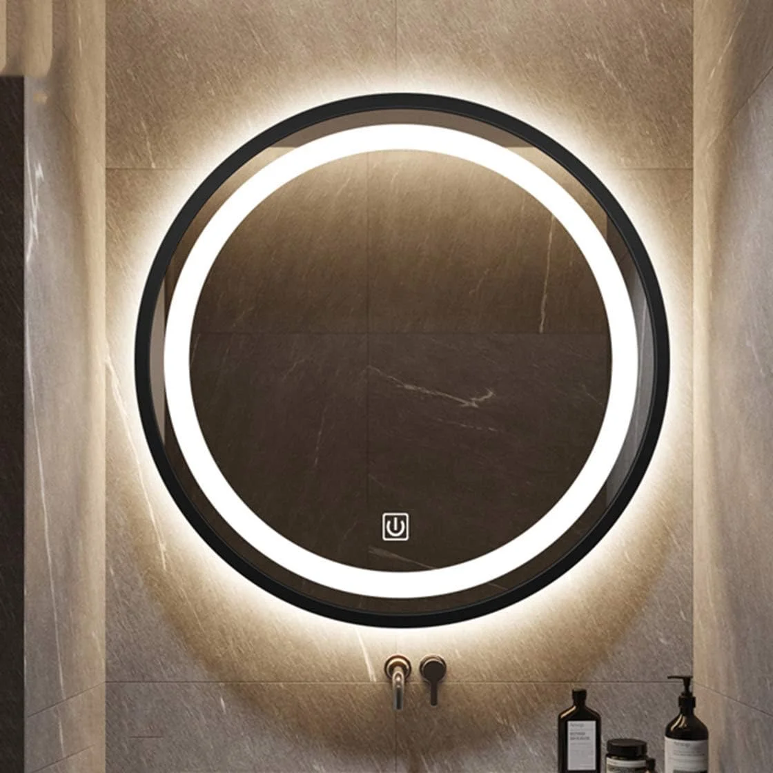 آینه گرد نورپردازی شده مدرن حمام، قاب آلیاژ آلومینیوم، با کنترل لمسی حسگر، ایمن و ضد انفجار، نور سفید مشکی - 70 سانتی متر