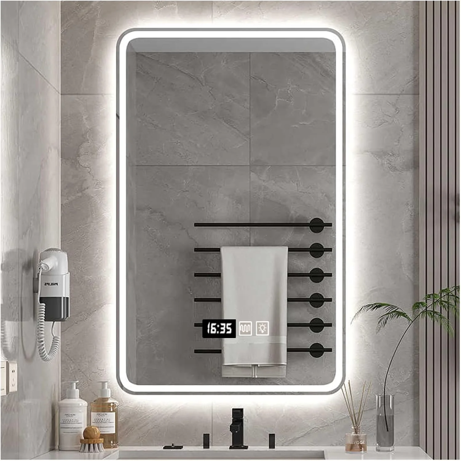 آینه حمام با چراغ های ال ای دی، آینه روشویی دیواری نورانی، ضد بخار، آینه مه زدا با چراغ های پس زمینه برای حمام، 3 رنگ نور قابل تنظیم، ضد آب (B,W50*H70cm/W19.7*H27.6IN)