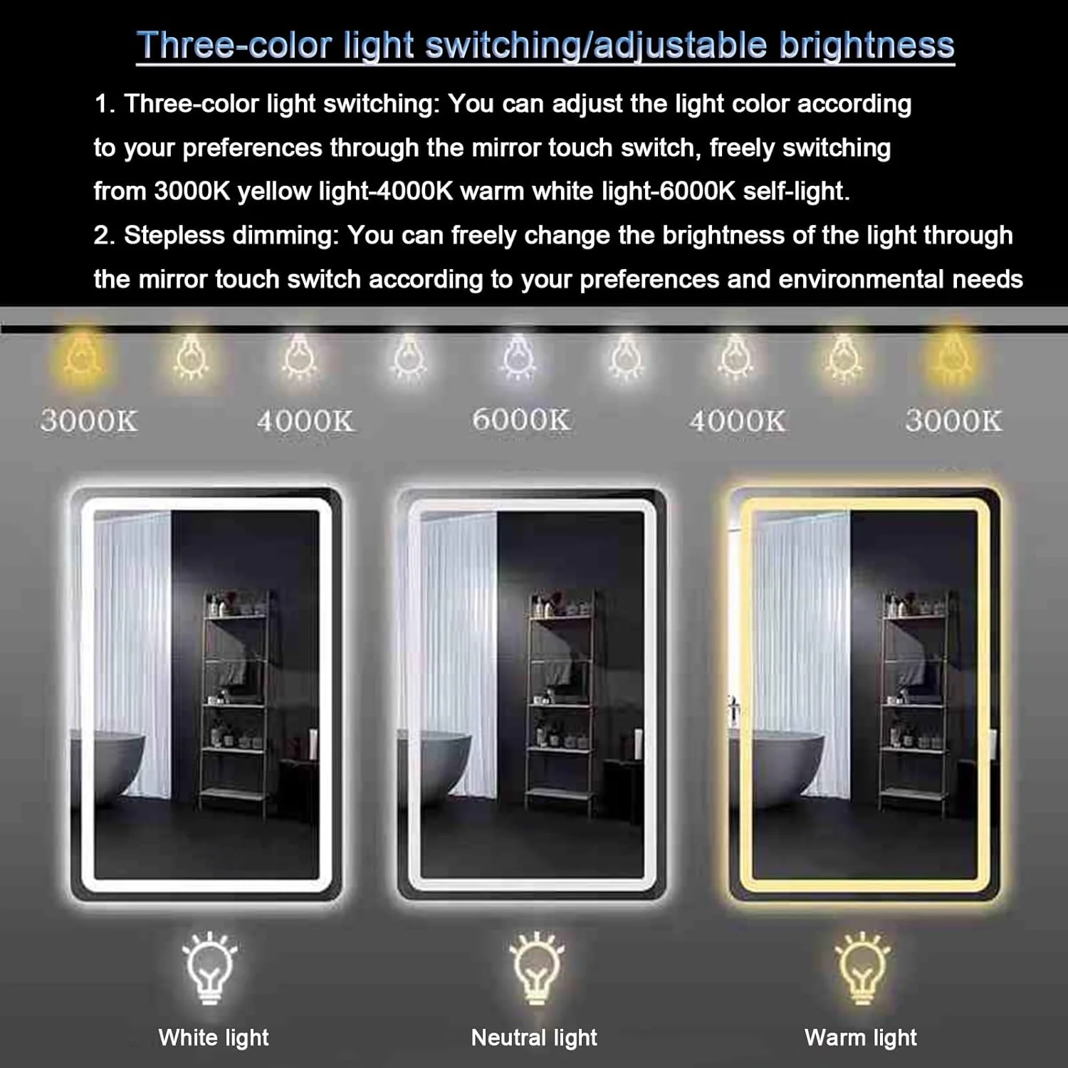 آینه حمام با چراغ های ال ای دی، آینه روشویی دیواری نورانی، ضد بخار، آینه مه زدا با چراغ های پس زمینه برای حمام، 3 رنگ نور قابل تنظیم، ضد آب (A,W50*H70cm/W19.7*H27.6IN)