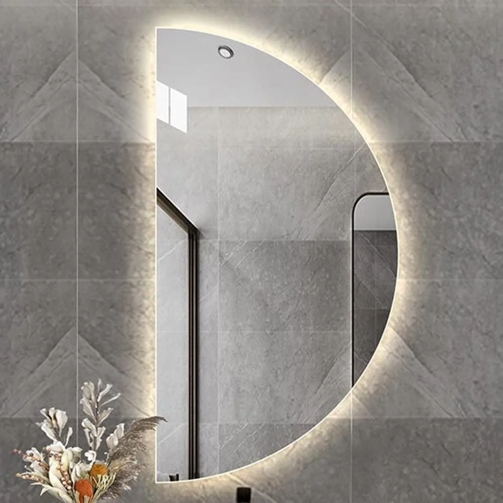 آینه LED نیم دایره ای حمام، آینه دیواری نورپردازی شده با قابلیت ضد بخار، آینه روشویی با نور پس زمینه قابل تنظیم، آینه نیم دایره برش خورده چپ/راست (رنگ: راست، اندازه: 90 سانتی متر)