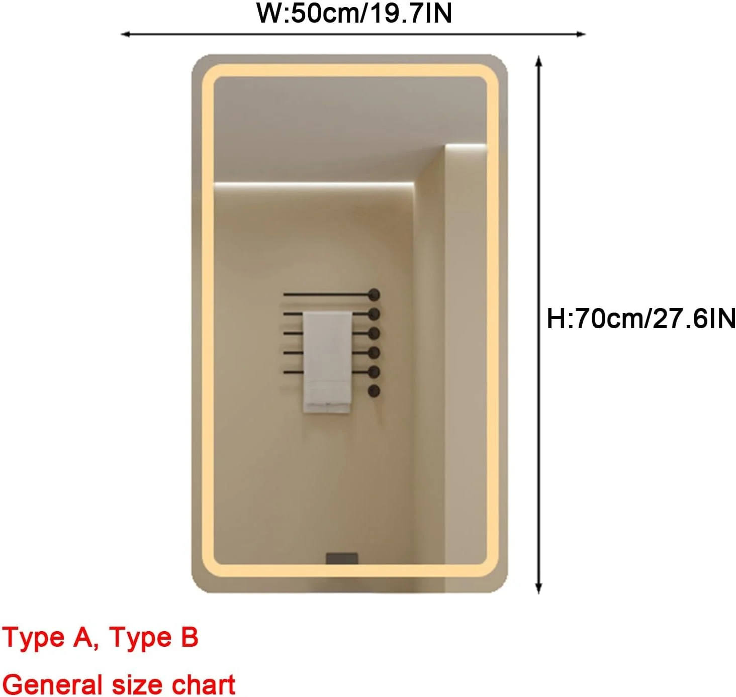 آینه حمام با چراغ های ال ای دی، آینه روشویی دیواری نورانی، ضد بخار، نور کم نور شونده 3 رنگ، آینه دمیستر با چراغ های پس زمینه برای حمام، ضد آب (A,W50*H70cm/W19.7*H27.6IN)