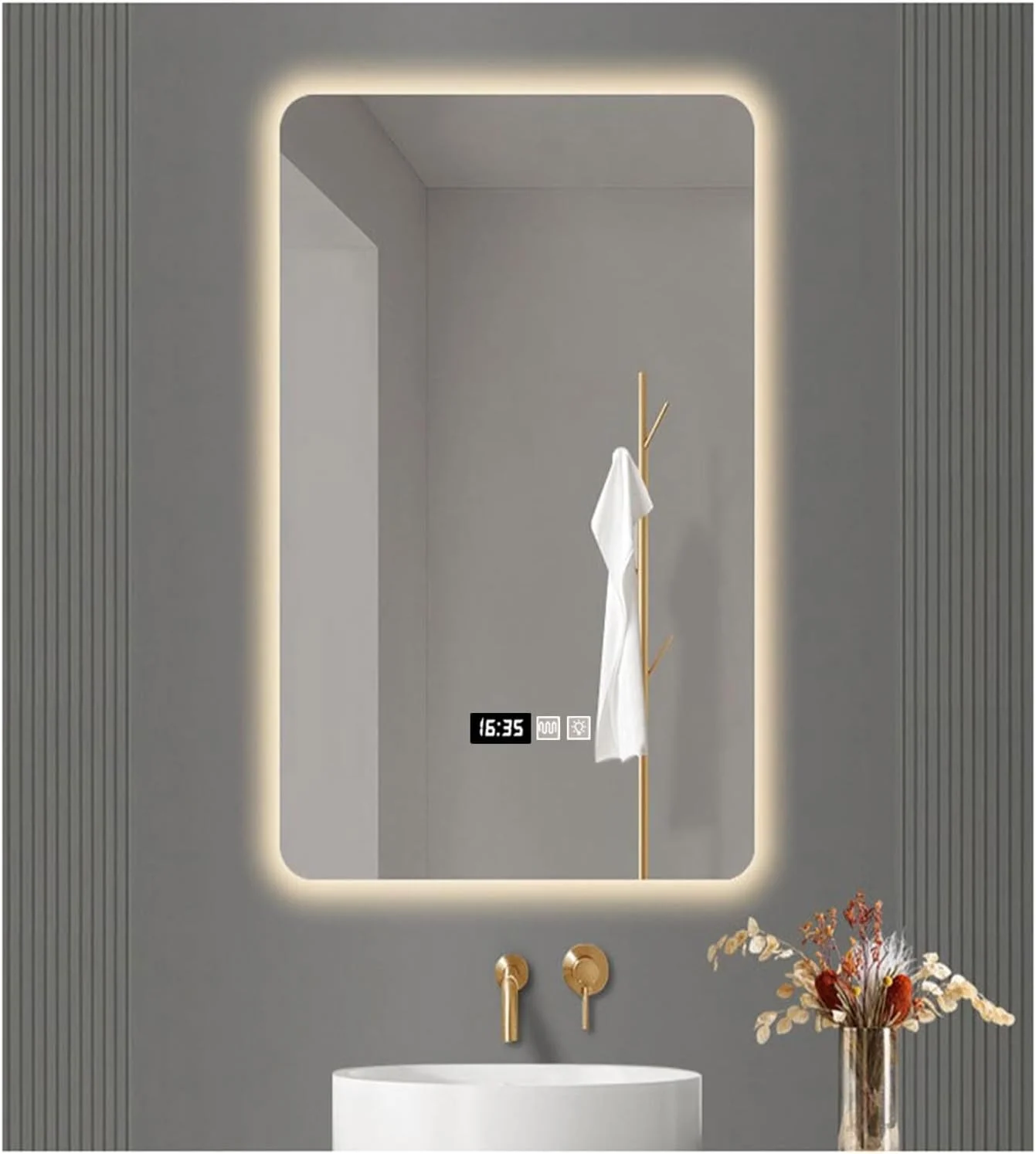 آینه حمام با چراغ های ال ای دی، آینه روشویی دیواری نورانی، ضد بخار، نور کم نور شونده 3 رنگ، آینه مه زدا با چراغ های پس زمینه برای حمام، ضد آب (A، W50 * H70cm / W19.7 * H27.6IN)