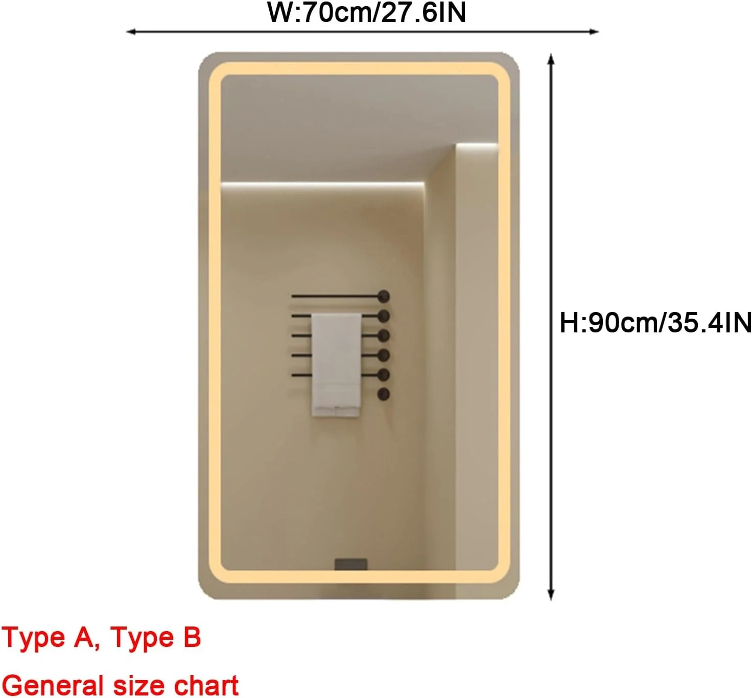 آینه حمام با چراغ های ال ای دی، آینه روشویی دیواری نورانی، ضد بخار، نور کم نور شونده 3 رنگ، آینه مه زدا با چراغ های پس زمینه برای حمام، ضد آب (A,W70*H90cm/W27.6*H35.4IN)