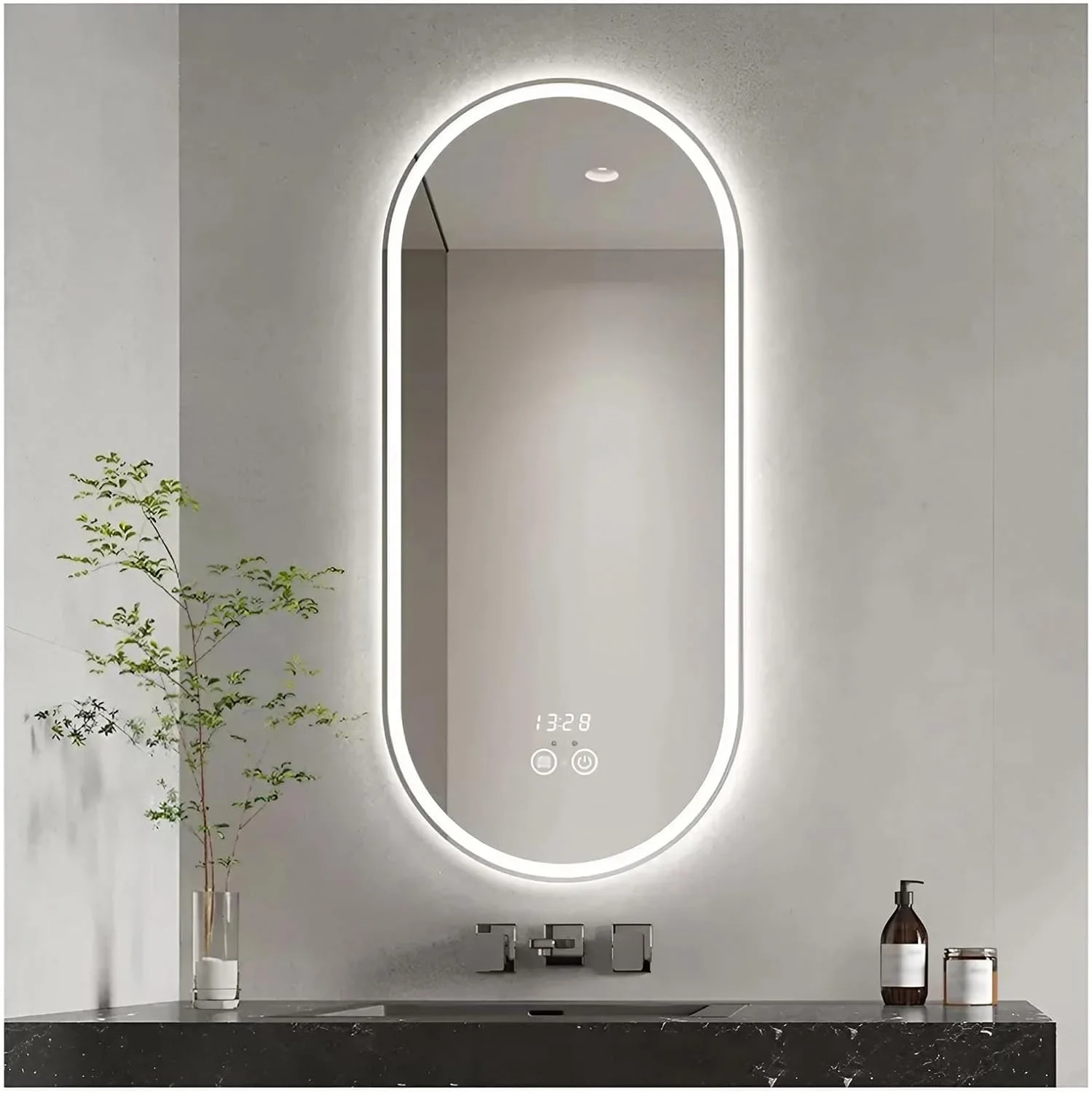آینه حمام بیضی ال ای دی 500x800 میلی متر، آینه روشویی دیواری نورپردازی شده با ضد بخار، آینه آرایش با کلید لمسی دیمر پیوسته