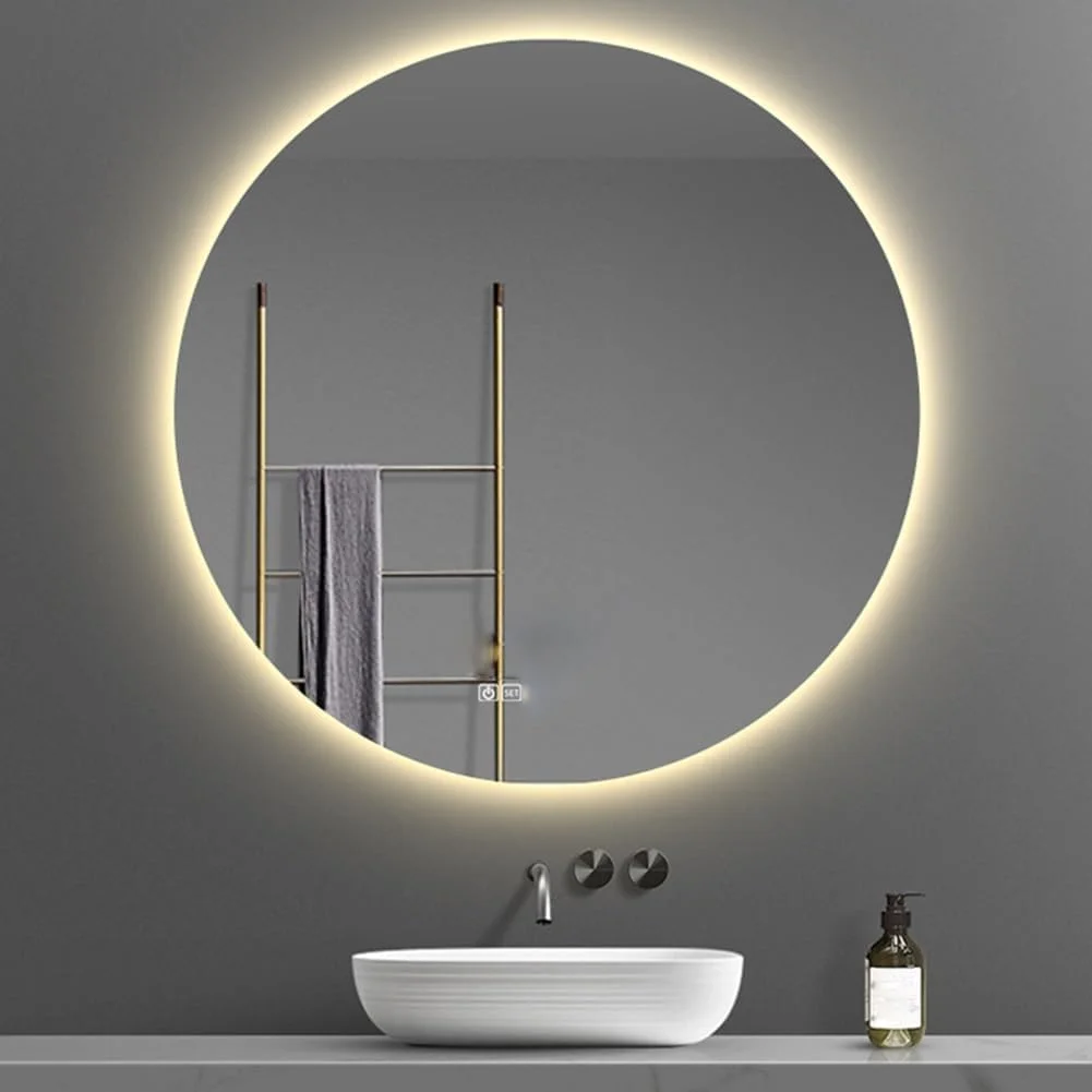 آینه حمام ال ای دی گرد 500 میلی متری با نور، آینه روشویی روشن با ضد بخار، آینه آرایشی سنسور لمسی با قابلیت تنظیم نور سه رنگ برای دیوار