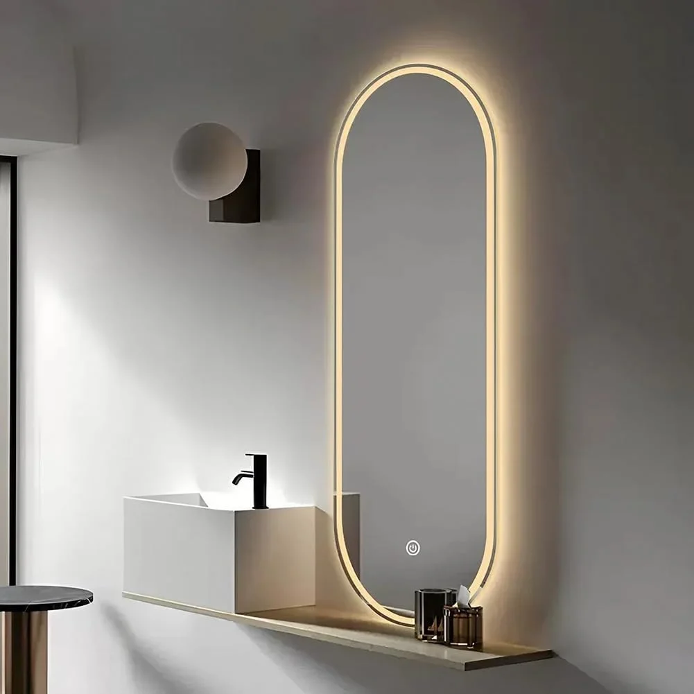 آینه حمام بیضی ال ای دی 500x800 میلی متر، آینه روشویی دیواری نورپردازی شده با ضد بخار، آینه آرایش با کلید لمسی دیمر پیوسته