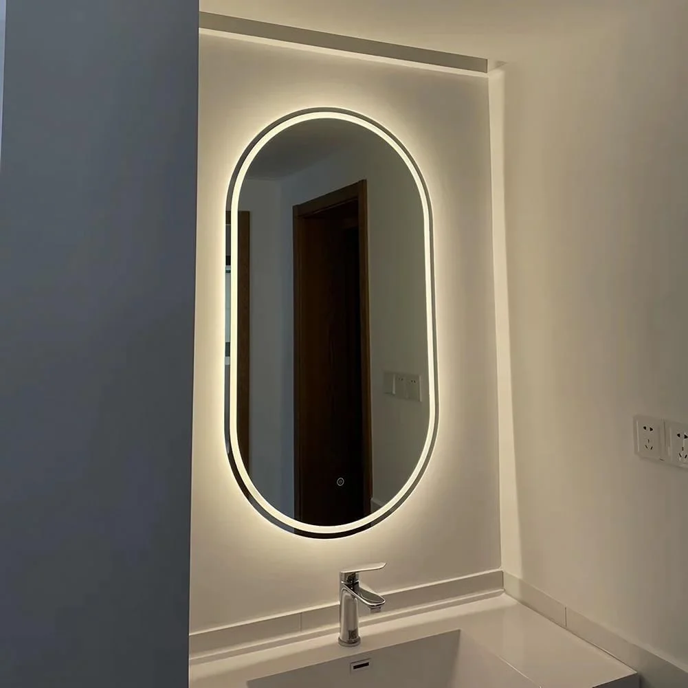 آینه حمام بیضی ال ای دی 500x800 میلی متر، آینه روشویی دیواری نورپردازی شده با ضد بخار، آینه آرایش با کلید لمسی دیمر پیوسته