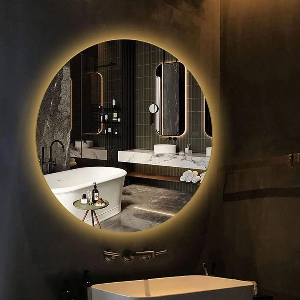 آینه حمام نور پس زمینه LED بدون قاب، آینه روشویی دیواری حمام، ضد انفجار، HD (رنگ: نور گرم، اندازه: گرد بدون قاب 500 میلی متر) (نور گرم گرد بدون قاب 900 میلی متر)