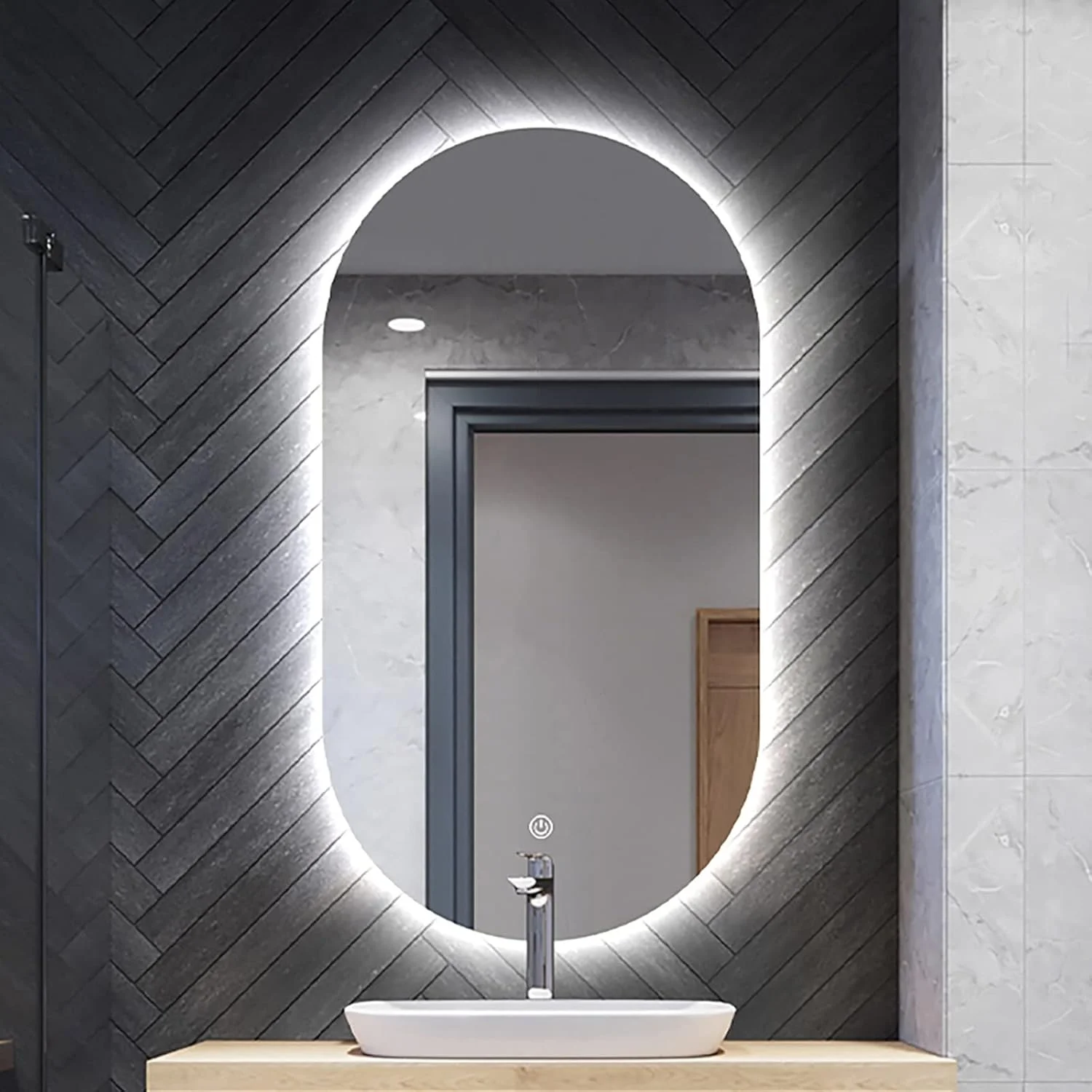 آینه حمام، آینه روشنایی دار حمام با دستگاه ضد بخار - تبدیل 3 رنگ سفید/خنثی/گرم - کلید لمسی - نصب دیواری - 800 x 500 میلی متر