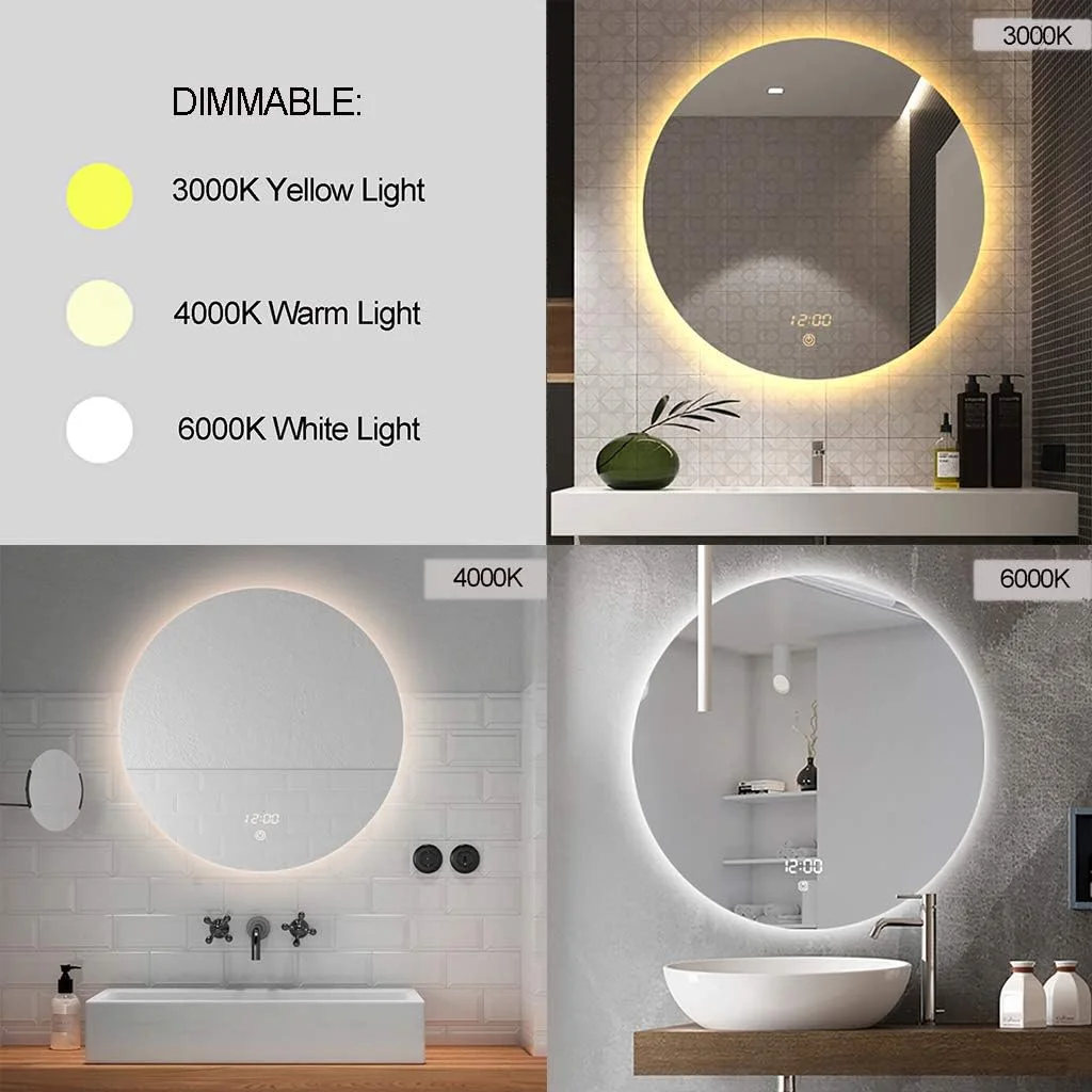 آینه حمام هوشمند با نور LED گرم و سرد قابل تنظیم، ضد بخار - بیضی شکل بدون قاب با کلید لمسی - آینه ضد انفجار دیواری مناسب اتاق خواب