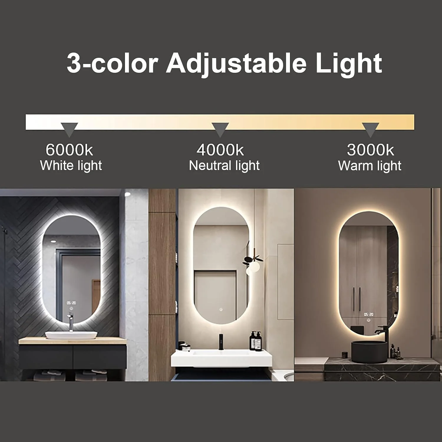 آینه حمام، آینه روشنایی دار حمام با دستگاه ضد بخار - تبدیل 3 رنگ سفید/خنثی/گرم - کلید لمسی - نصب دیواری - 800 x 500 میلی متر