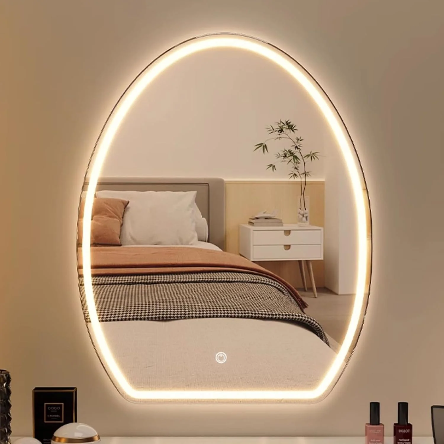 آینه حمام با نور LED، آینه روشویی دیواری روشن با دیمستر و کلید لمسی، آینه تزئینی، 3 رنگ نور LED قابل تنظیم (سایز: 40 * 60 سانتی متر)