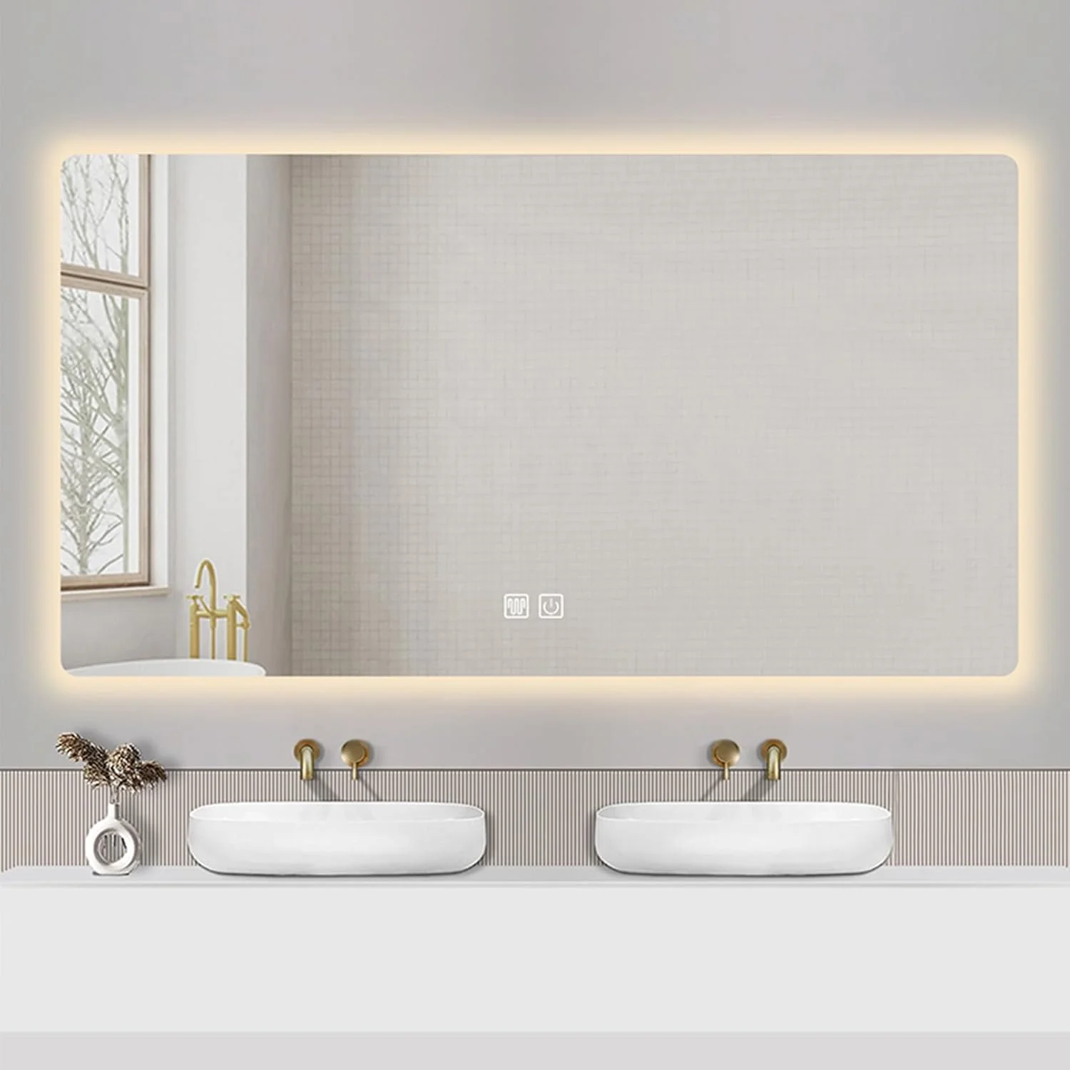 آینه حمام، آینه روشویی دیواری نورپردازی شده با ضد بخار، آینه آرایش ضد مه، نور LED کم نور شونده 3 رنگ، برای حمام اتاق نشیمن اتاق خواب ورودی (رنگ: A، اندازه: 80x130 / "31.4x51.1")