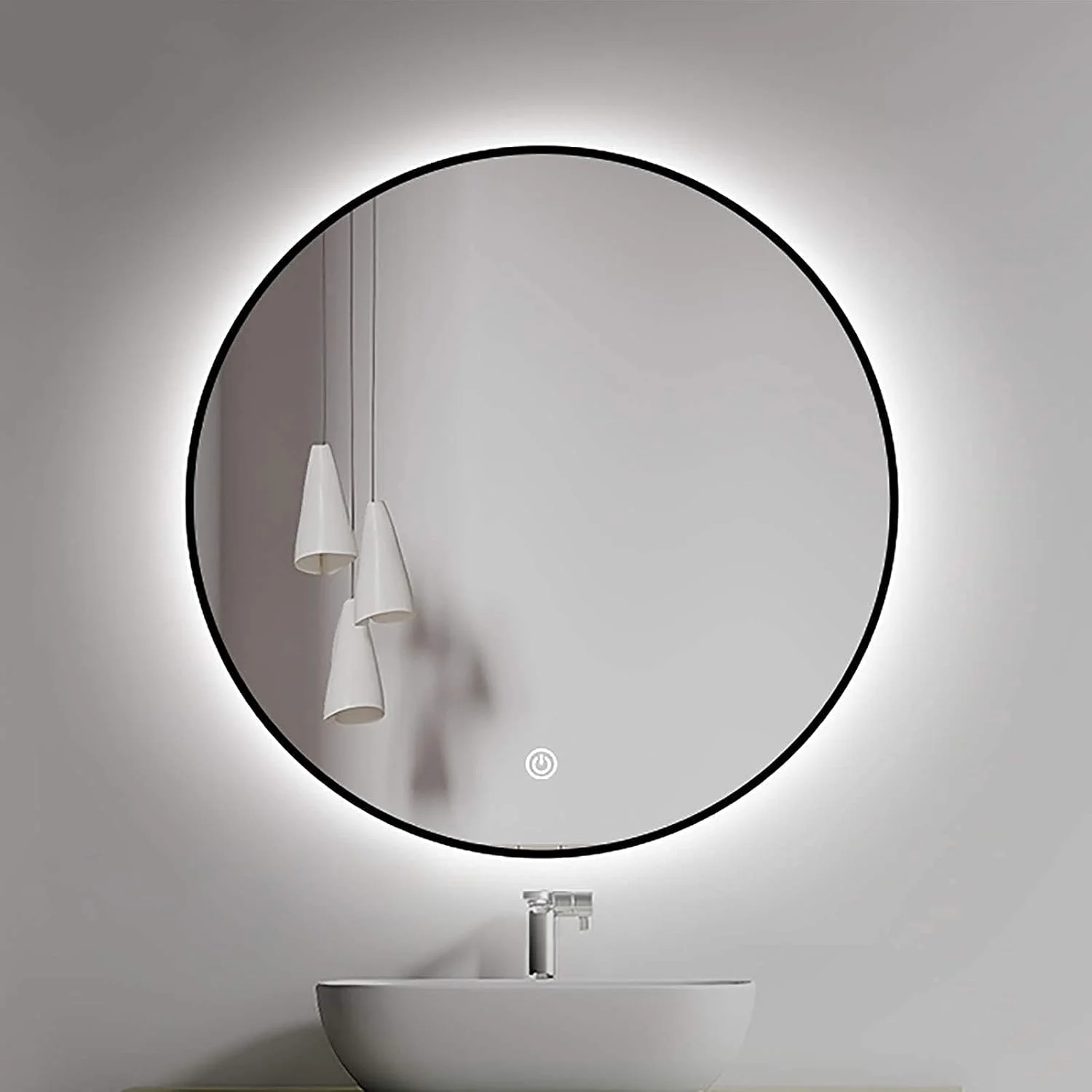 آینه آرایشی گرد، آینه حمام با نور ال ای دی قابل تنظیم و قاب آلیاژ آلومینیوم، آینه آرایشی دیواری (رنگ: 80 سانتی متر | کلید مشکی) (60 سانتی متر | کلید مشکی)