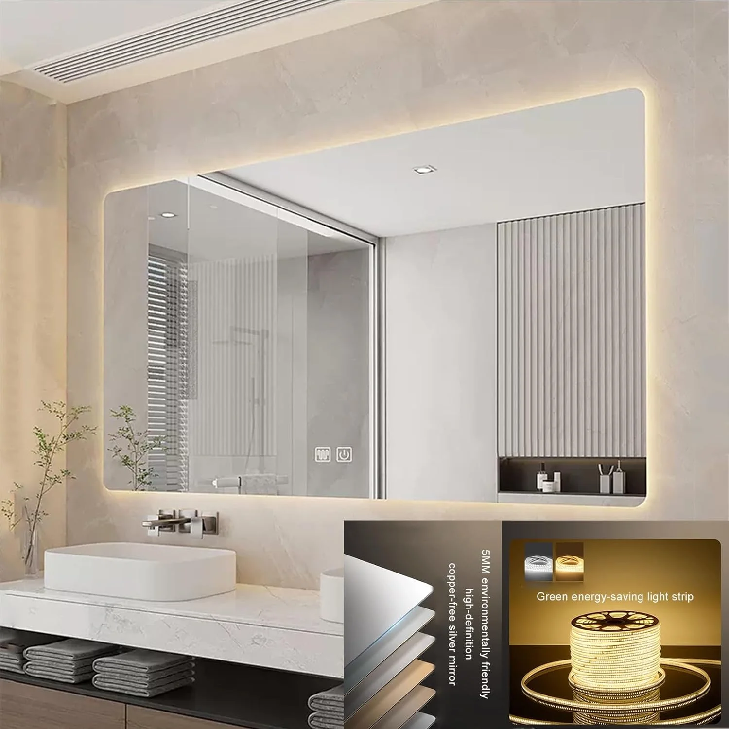 آینه حمام، آینه روشویی دیواری نورپردازی شده با ضد بخار، آینه آرایش ضد مه، نور LED کم نور شونده 3 رنگ، برای حمام اتاق نشیمن اتاق خواب ورودی (رنگ: A، اندازه: 80x130 / "31.4x51.1")