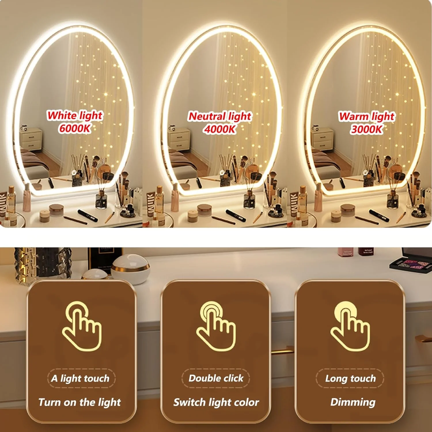 آینه حمام با نور ال ای دی، آینه روشویی دیواری روشن با دیمستر و کلید لمسی، آینه تزئینی، 3 رنگ نور ال ای دی قابل تنظیم (سایز: 60 * 80 سانتی متر)