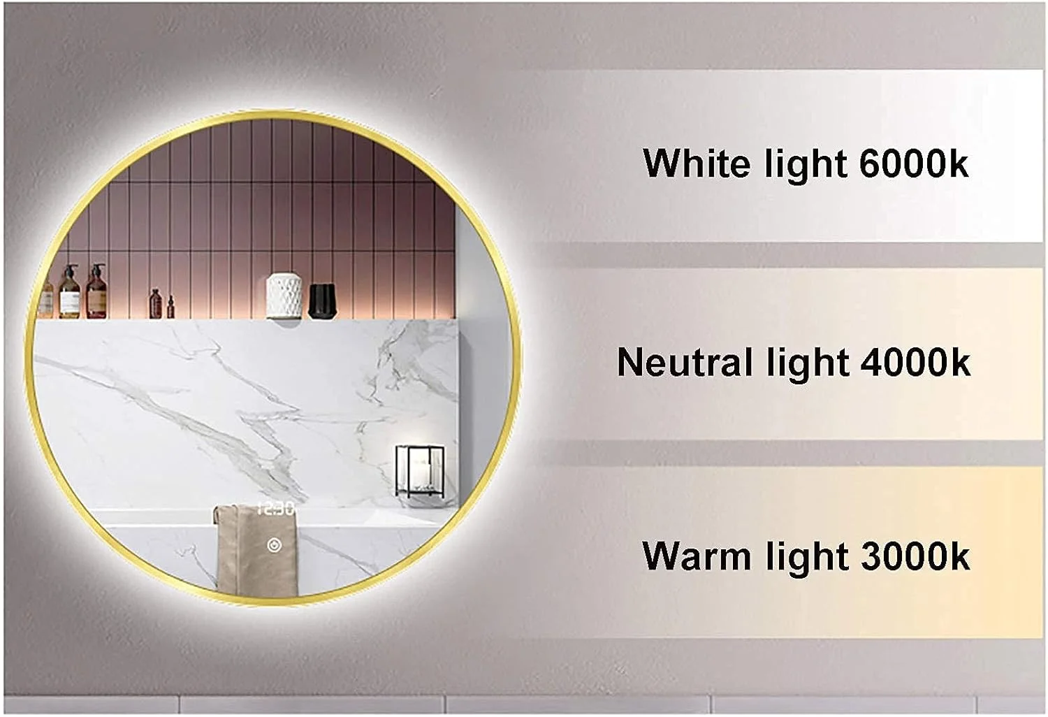 آینه آرایشی گرد، آینه حمام با نور LED قابل تنظیم و قاب آلیاژ آلومینیوم، آینه آرایشی دیواری (رنگ: 80cm|کلید مشکی) (60cm|کلید طلایی + ضد بخار)