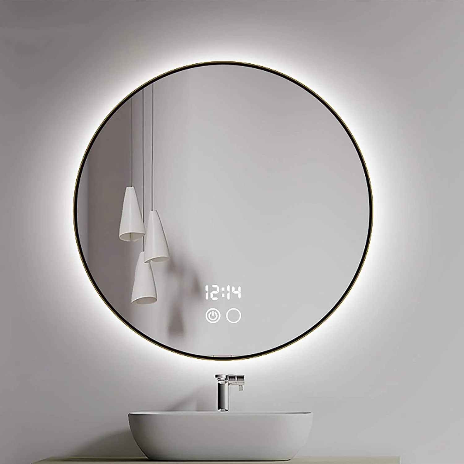 آینه آرایشی گرد، آینه حمام با نور LED قابل تنظیم و قاب آلیاژ آلومینیوم، آینه آرایشی دیواری (رنگ: 80cm|کلید مشکی) (80cm|کلید مشکی+ضد بخار+زمان)