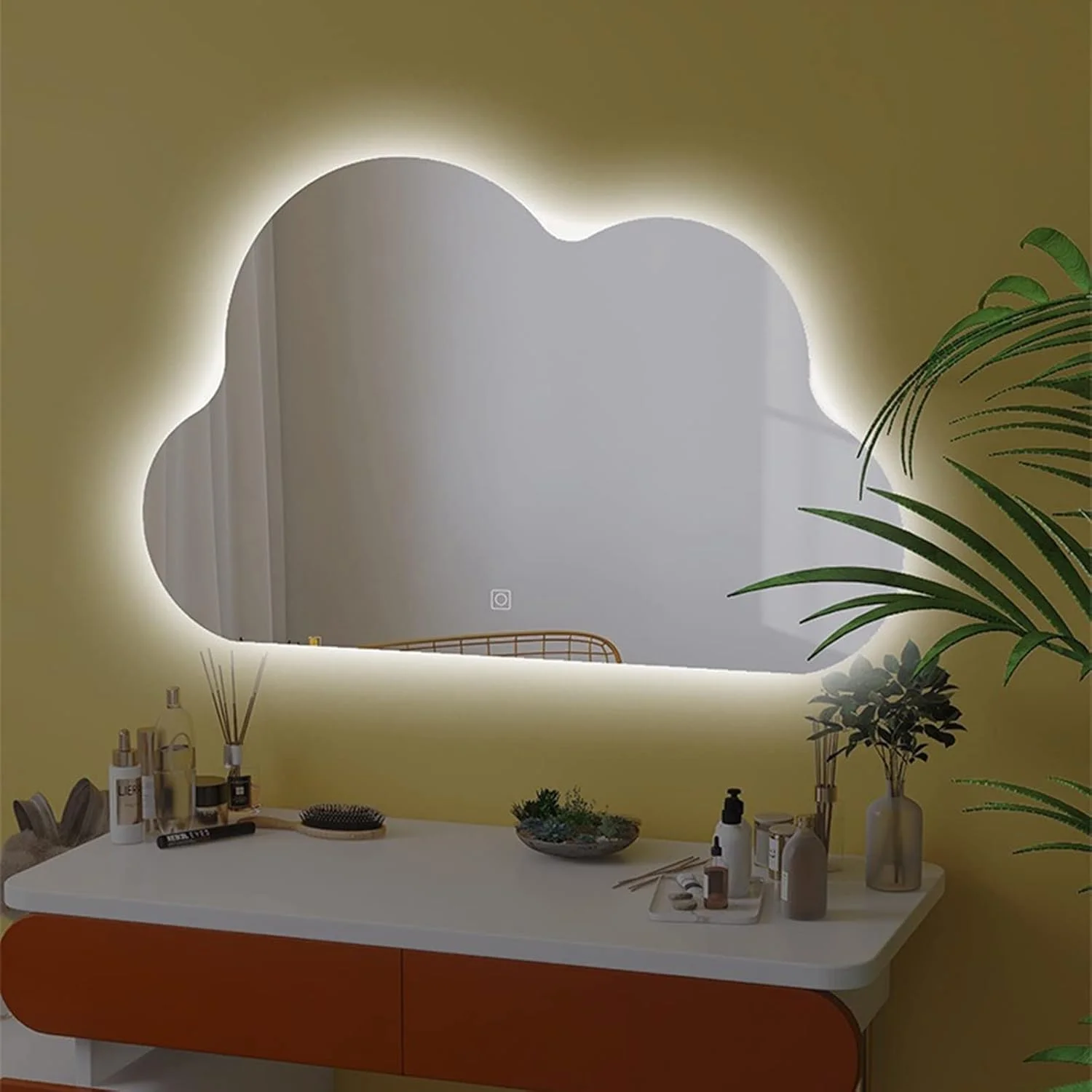 آینه حمام LED طرح ابر، آینه های دیواری نورپردازی شده، 3 رنگ قابل تنظیم، آینه آرایش با لمس هوشمند، آینه بدون قاب به سبک مدرن، IP44، عملکرد حافظه (سایز :