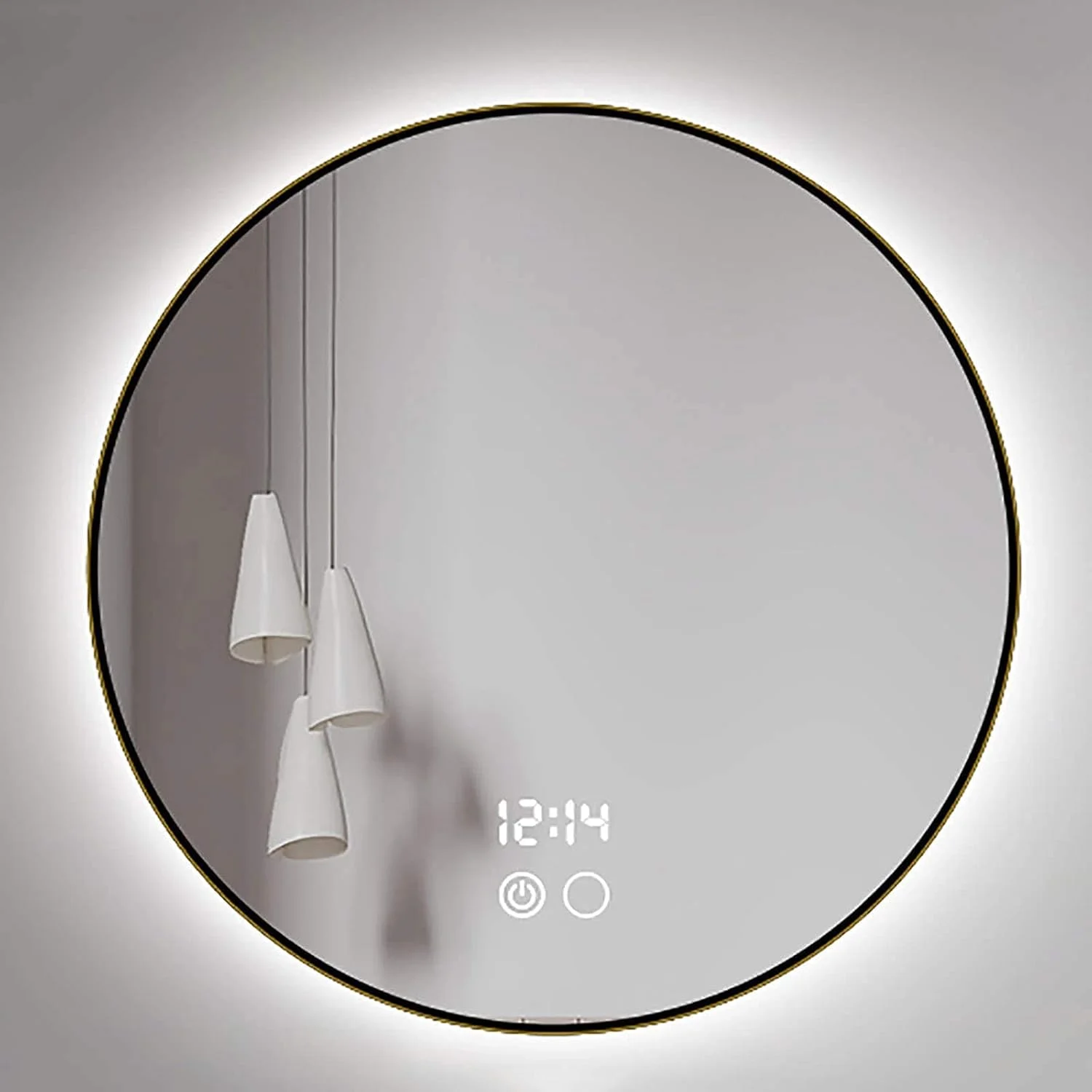 آینه آرایشی گرد، آینه حمام با نور LED قابل تنظیم و قاب آلیاژ آلومینیوم، آینه آرایشی دیواری (رنگ: 80cm|کلید مشکی) (60cm|کلید مشکی+ضد بخار+زمان)