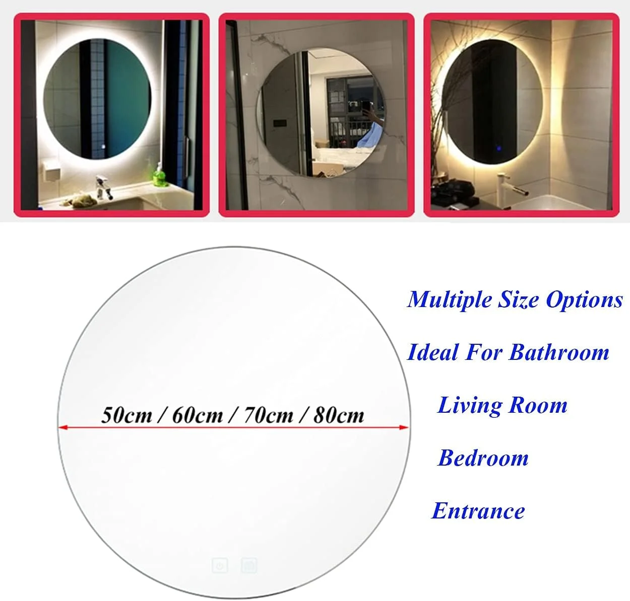 آینه گرد مدرن حمام، آینه روشویی LED با نورپردازی، ضد انفجار، چراغ دیواری، عملکرد ضد مه هوشمند، نور گرم - 80 سانتی متر / 32 اینچ