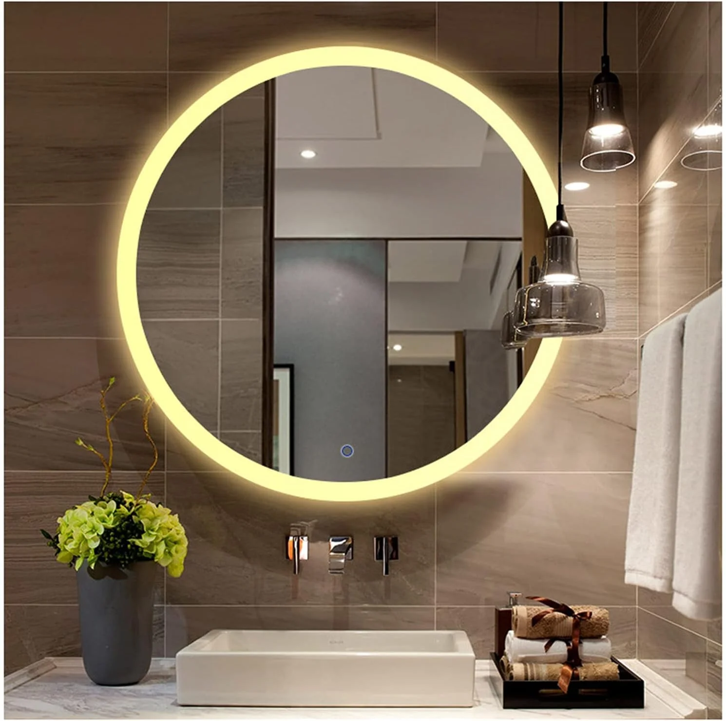 آینه حمام برای روشویی، نور پس زمینه LED، بدون قاب، آینه دیواری، آینه آرایش، کنترل لمسی حسگر با پد ضد بخار، دمای نور از 3000K، نور گرم - 70 سانتی متر (28 اینچ)