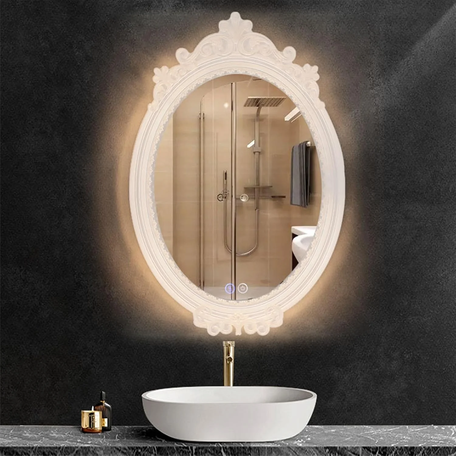 آینه بیضی شکل حمام با چراغ، آینه آرایشی دیواری LED با نور پس زمینه، آینه حمام با دکمه های لمسی هوشمند، 3 رنگ قابل تنظیم، قاب اکریلیک ضد بخار هوشمند (تک لمسی 40*60 سانتی متر)