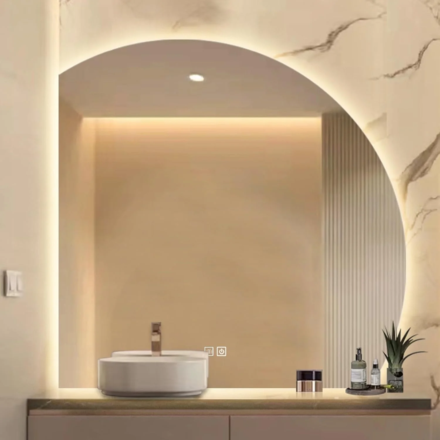 آینه حمام با نور ال ای دی، آینه روشویی دیواری نورانی با دیمستر و کلید لمسی، آینه روشویی آویز، نور ال ای دی کم نور شونده 3 رنگ (رنگ: راست، سایز: 70 سانتی متر)