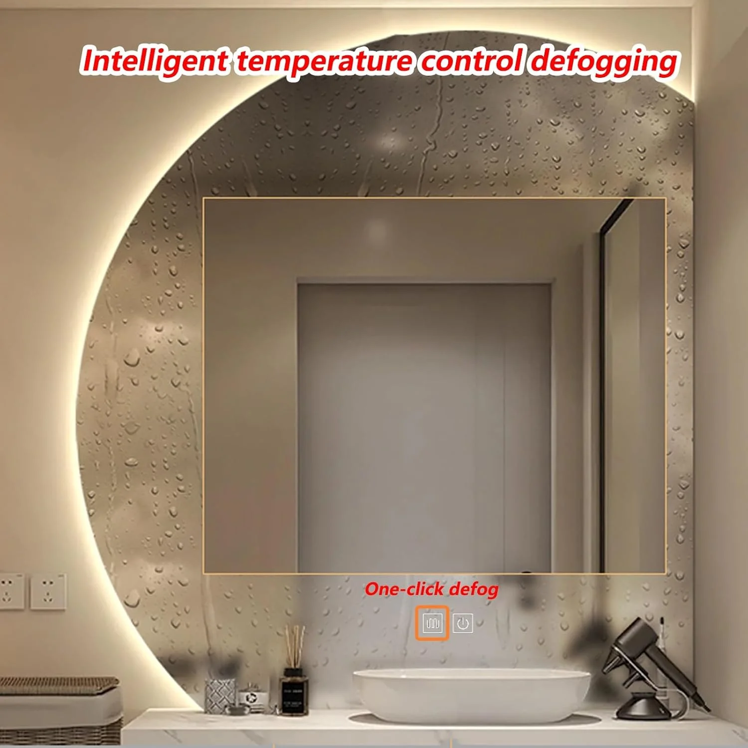 آینه حمام با نور LED، آینه روشویی دیواری نورانی با دیمستر و کلید لمسی، آینه روشویی آویز، نور LED سه رنگ قابل تنظیم (رنگ: راست، سایز: 110cm/43.3in)