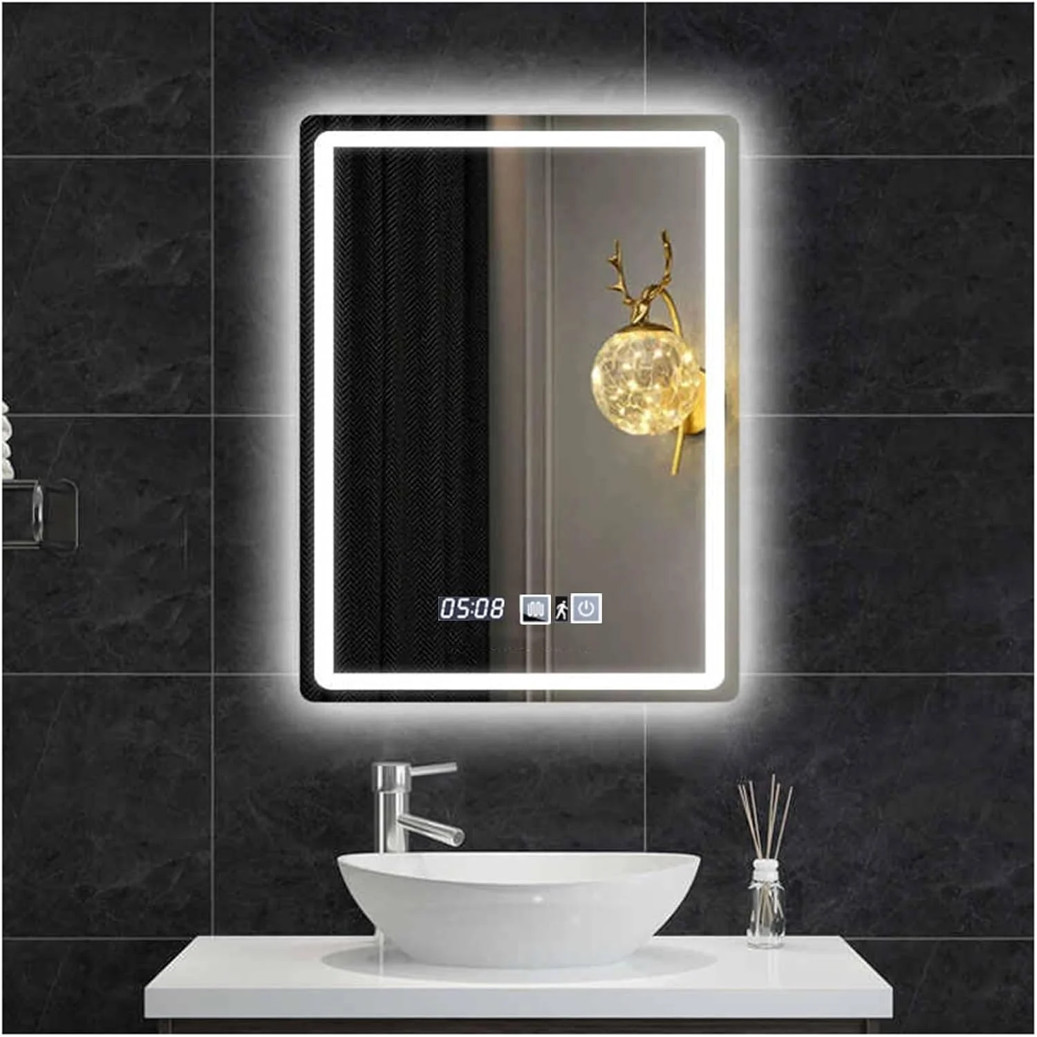 آینه حمام با چراغ های ال ای دی، آینه حمام ال ای دی هوشمند روشن، آینه روشویی چند منظوره دیواری، با حسگر لمسی/کم نور کننده/پد ضد بخار، ضد آب (W50*H70cm/W19.7*H27.6IN)