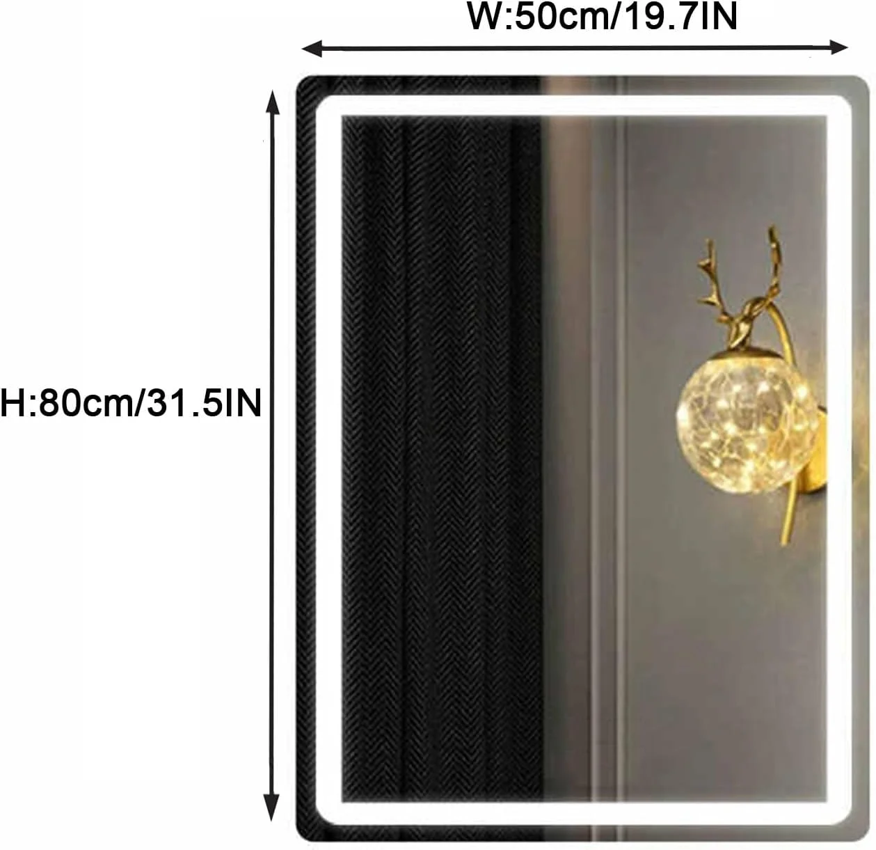 آینه حمام با چراغ های ال ای دی، آینه حمام ال ای دی هوشمند و نورانی، آینه روشویی چند منظوره دیواری، با حسگر لمسی/کم نور کننده/پد ضد بخار، ضد آب (W50*H80cm/W19.7*H31.5IN)