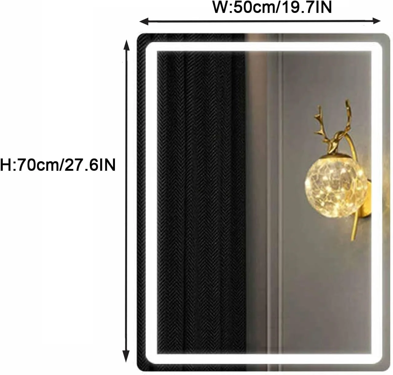 آینه حمام با چراغ های ال ای دی، آینه حمام ال ای دی هوشمند روشن، آینه روشویی چند منظوره دیواری، با حسگر لمسی/کم نور کننده/پد ضد بخار، ضد آب (W50*H70cm/W19.7*H27.6IN)