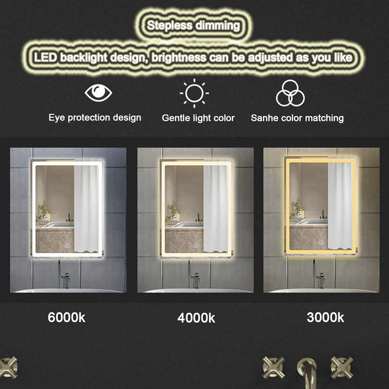 آینه حمام با چراغ های ال ای دی، آینه حمام ال ای دی هوشمند روشن، آینه روشویی چند منظوره دیواری، با حسگر لمسی/کم نور کننده/پد ضد بخار، ضد آب (W50*H70cm/W19.7*H27.6IN)