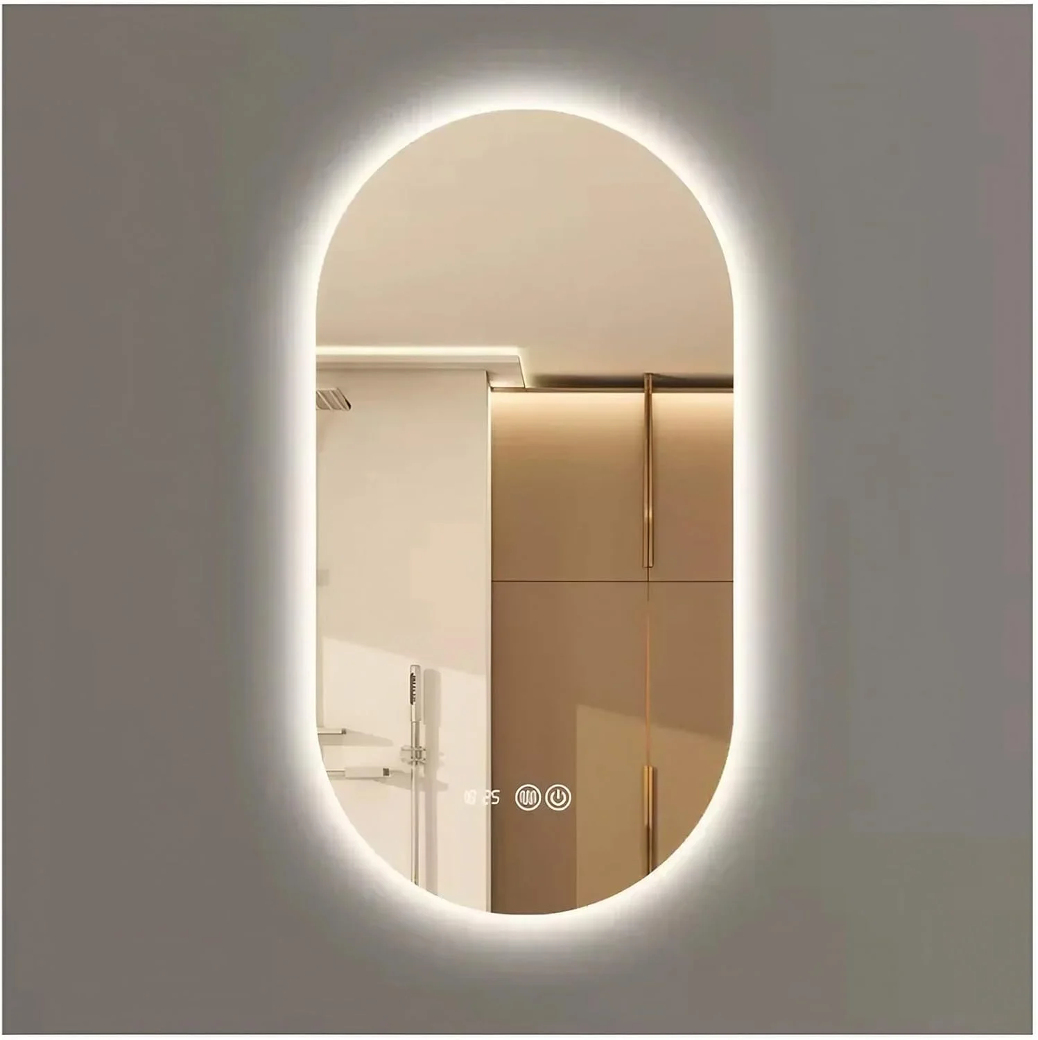آینه حمام ال ای دی 50 در 80 سانتی متر، آینه روشویی بیضی شکل با چراغ های ال ای دی، آینه آرایش دیواری با قابلیت تنظیم نور و ضد بخار و ضد شکست