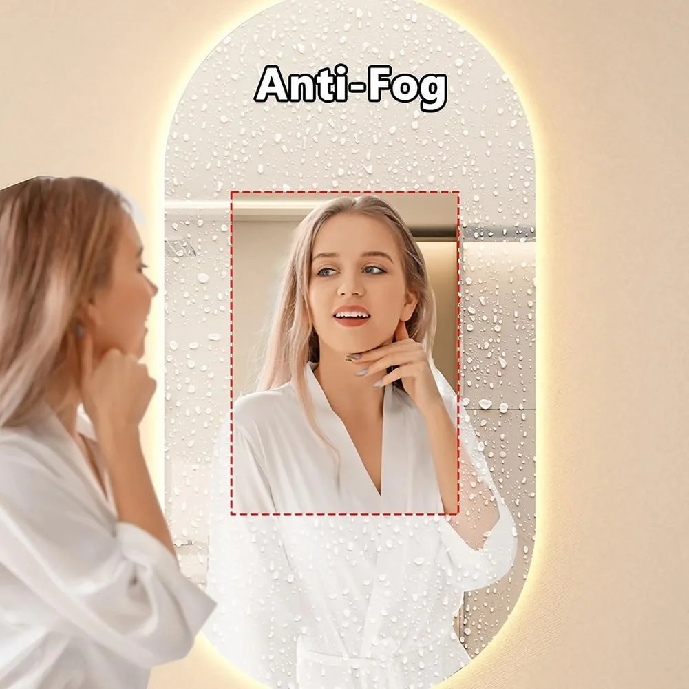 آینه حمام ال ای دی 50 در 80 سانتی متر، آینه روشویی بیضی شکل با چراغ های ال ای دی، آینه آرایش دیواری با قابلیت تنظیم نور و ضد بخار و ضد شکست