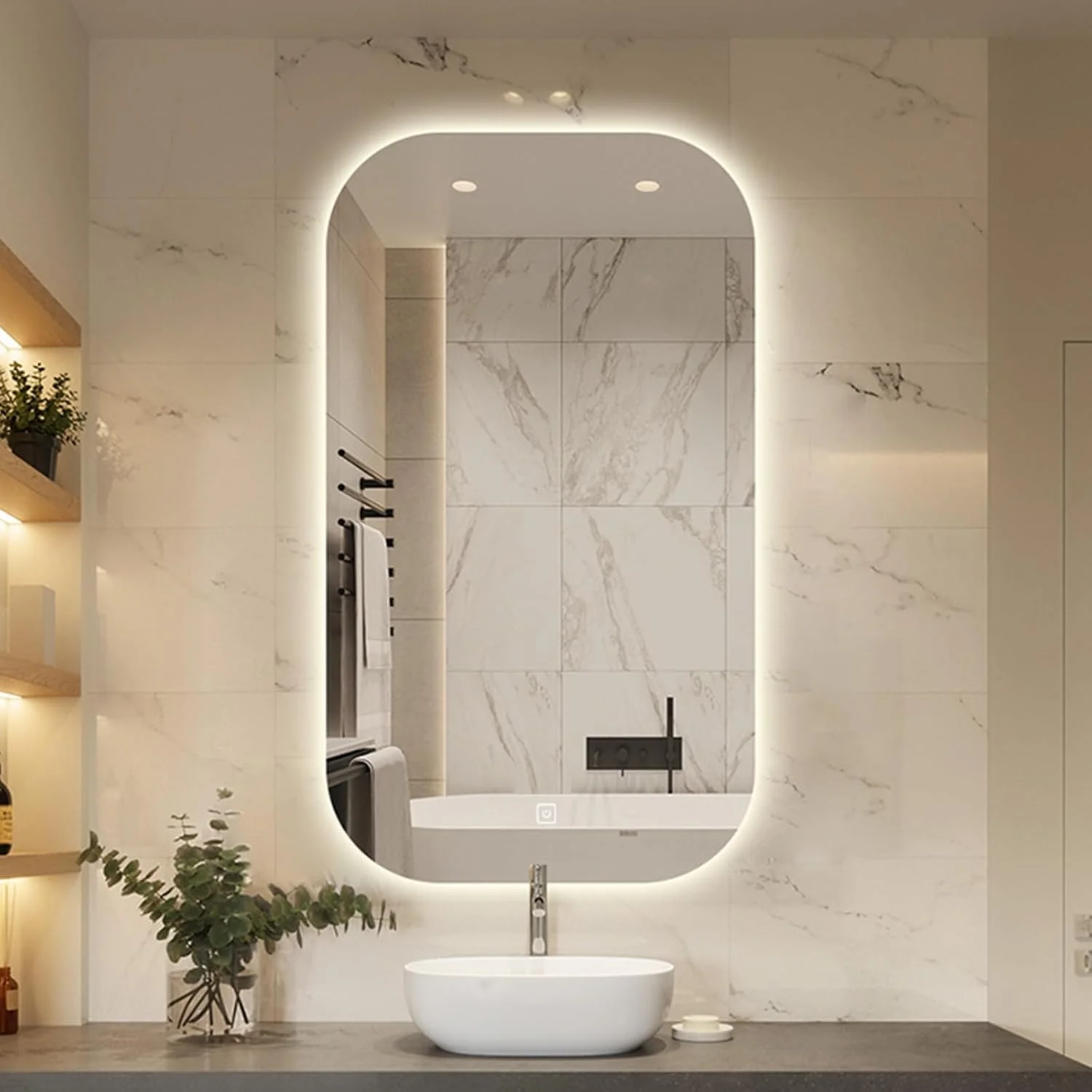 آینه حمام ال ای دی بزرگ 50X90 سانتی‌متری، آینه روشویی دیواری با نور پس‌زمینه، طراحی مدرن بدون قاب، نور قابل تنظیم، عملکرد حافظه، IP44، ضد بخار (اندازه: سه رنگ)