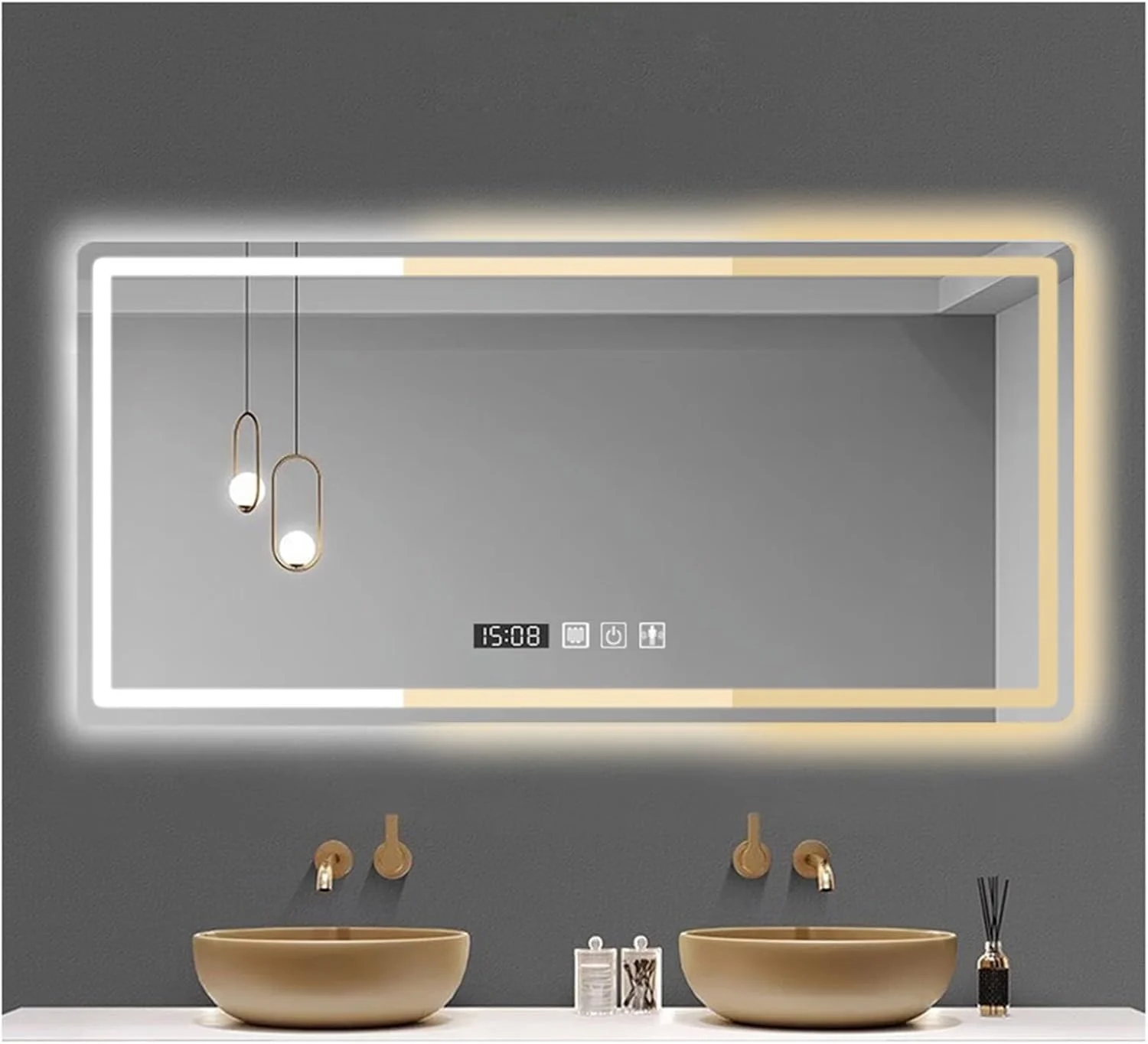 آینه حمام هوشمند با نور پس زمینه برای دیوار، آینه حمام ال ای دی، آینه آرایش با نور، با نمایشگر دما و زمان، ضد بخار و کلید هوشمند، 3 رنگ قابل تنظیم (H60*W80cm/H23.6*W31.5IN)