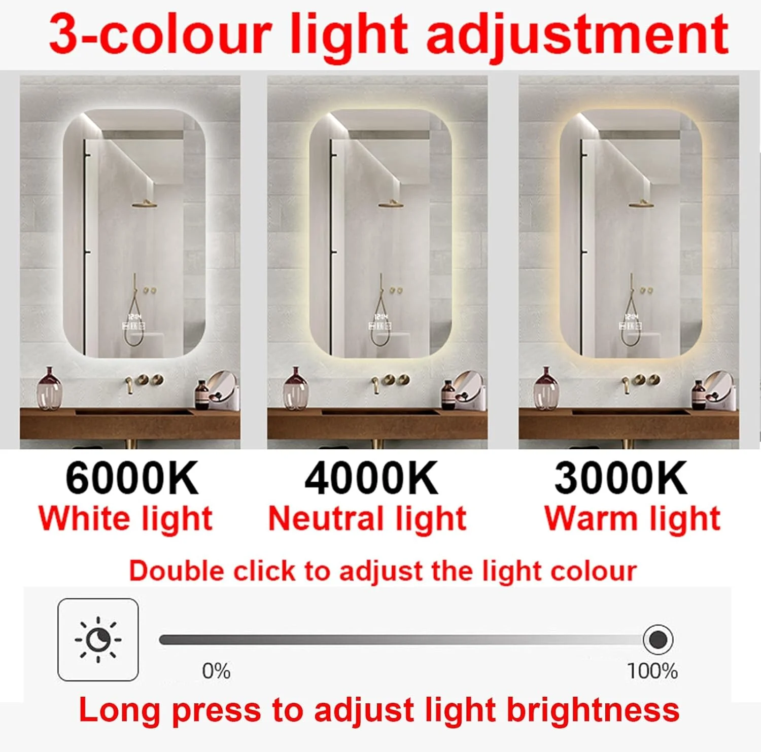 آینه حمام ال ای دی بزرگ 50X90 سانتی‌متری، آینه روشویی دیواری با نور پس‌زمینه، طراحی مدرن بدون قاب، نور قابل تنظیم، عملکرد حافظه، IP44، ضد بخار (اندازه: سه رنگ)