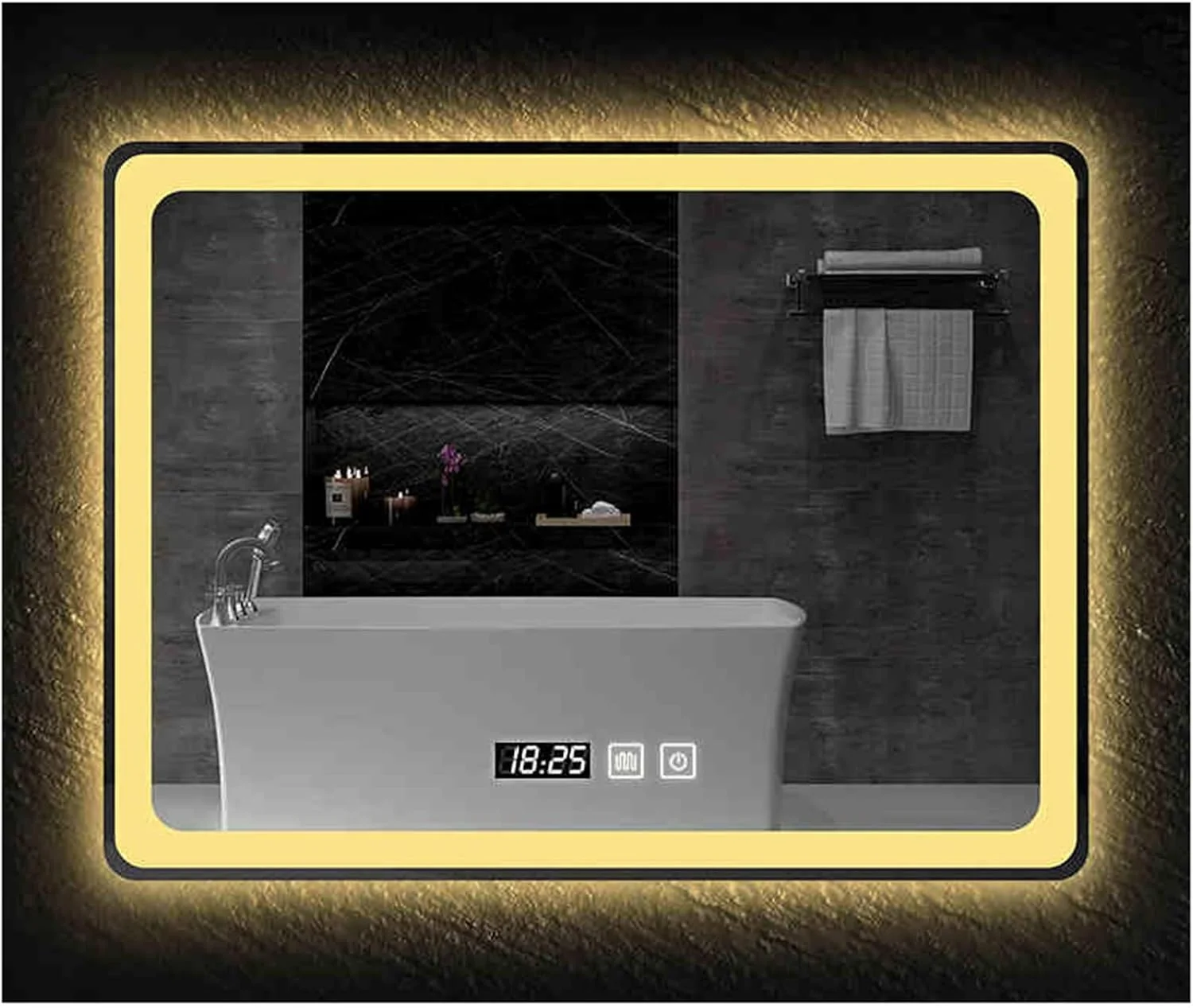 آینه حمام هوشمند با نور پس زمینه برای دیوار، آینه حمام ال ای دی دار، آینه آرایش با نور، ضد آب، ضد شکستگی، با حسگر لمسی/کم نور کننده/ پد ضد بخار (H50*W70cm/H19.7*W27.6IN)