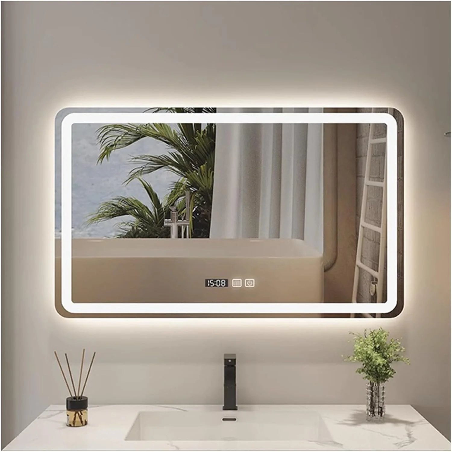 آینه حمام هوشمند با نور پس زمینه برای دیوار، آینه حمام ال ای دی، آینه روشویی مدرن و هوشمند، ضد آب و ضد شکستگی، با حسگر لمسی/تنظیم نور/پد ضد بخار (H60*W80cm/H23.6*W31.5IN)