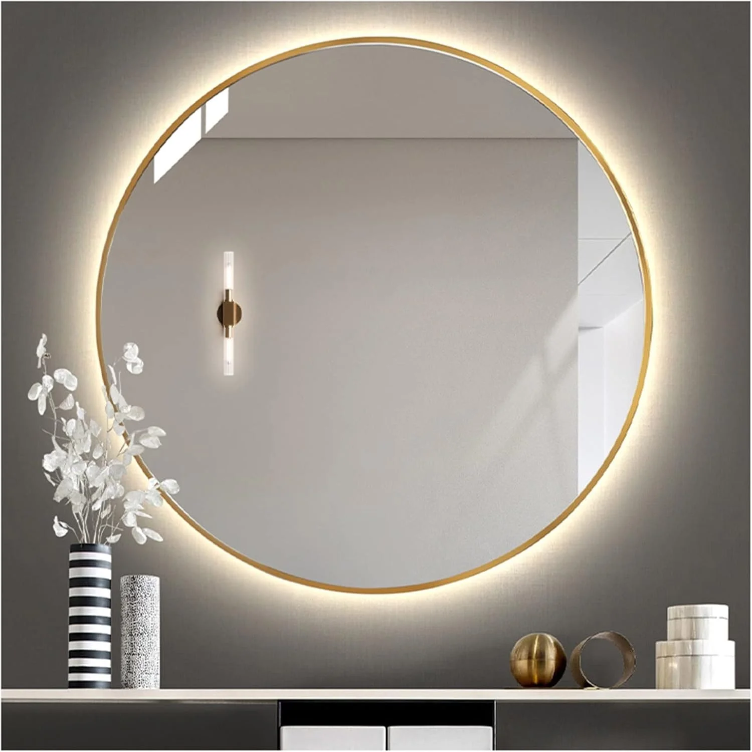 آینه حمام LED با نور، آینه آرایشی روشن با قاب طلایی، ضد آب IP66، آینه دیواری سفید/گرم برای راهرو، اتاق پودر، هتل (نور گرم 70x70 سانتی متر)