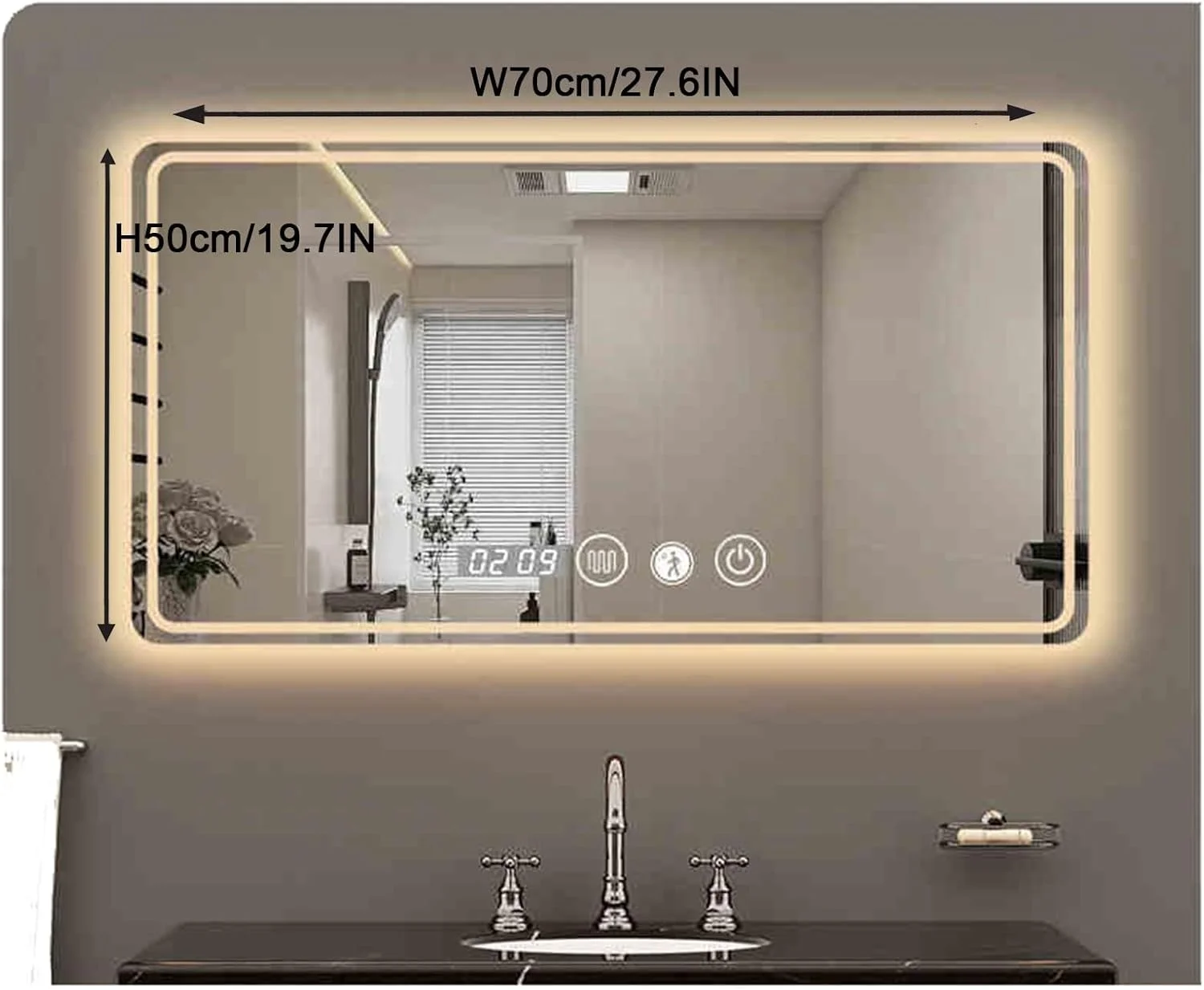 آینه حمام هوشمند چراغ دار دیواری، آینه ال ای دی روشن حمام، آینه آرایش چراغ دار حمام، ضد آب، مقاوم در برابر شکستن، با حسگر لمسی/کم نور کننده/پد ضد بخار (H50*W70cm/H19.7*W27.6IN)