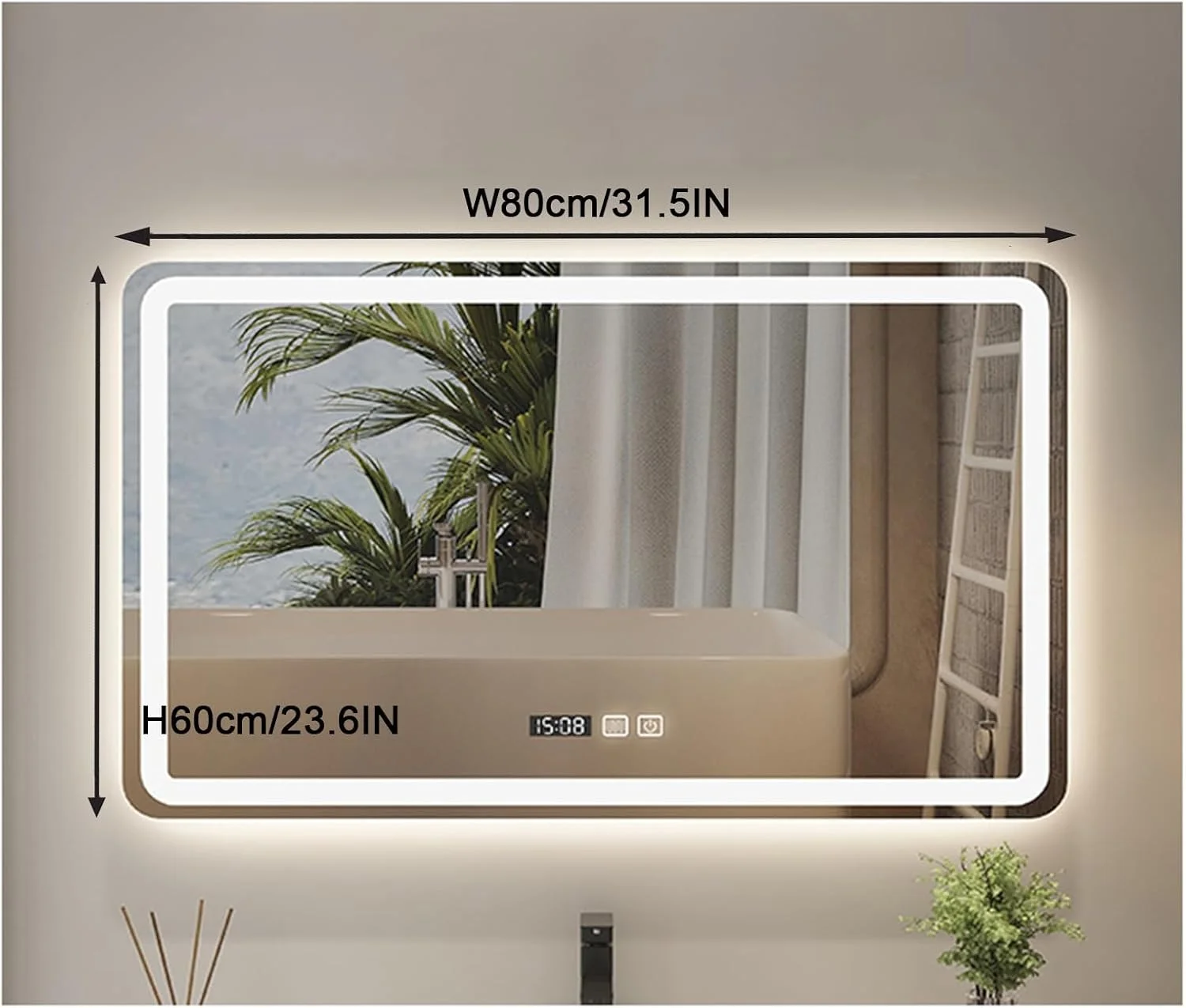 آینه حمام هوشمند با نور پس زمینه برای دیوار، آینه حمام ال ای دی، آینه روشویی مدرن و هوشمند، ضد آب، ضد شکستگی، با حسگر لمسی/دیمر/پد ضد بخار (H60*W80cm/H23.6*W31.5IN)