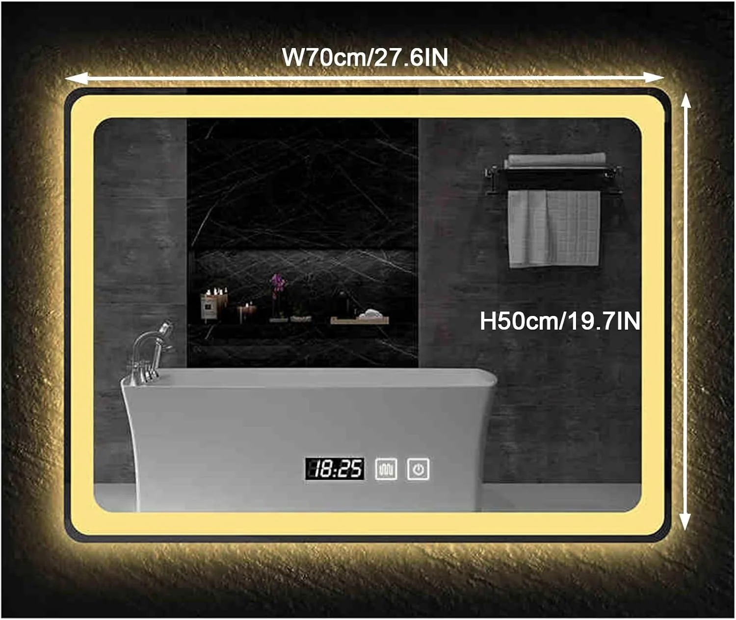 آینه حمام هوشمند با نور پس زمینه برای دیوار، آینه حمام ال ای دی، آینه آرایش حمام با نور، ضد آب، ضد شکستگی، با حسگر لمسی/ دیمر/ پد ضد بخار (H50*W70cm/H19.7*W27.6IN)