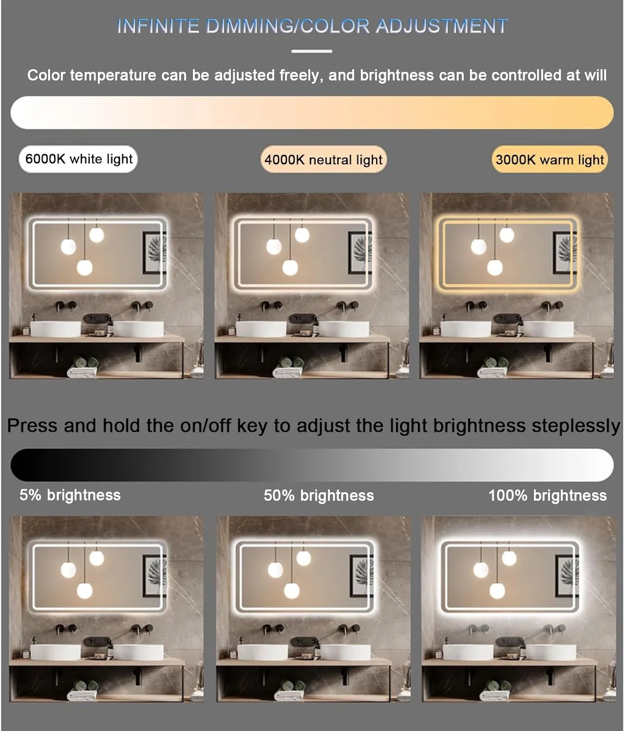 آینه حمام هوشمند با نور پس زمینه برای دیوار، آینه LED روشن برای حمام، مناسب آرایش، ضد آب و ضد شکستگی، با حسگر لمسی/تغییر نور/پد ضد بخار (H50*W70cm/H19.7*W27.6IN)